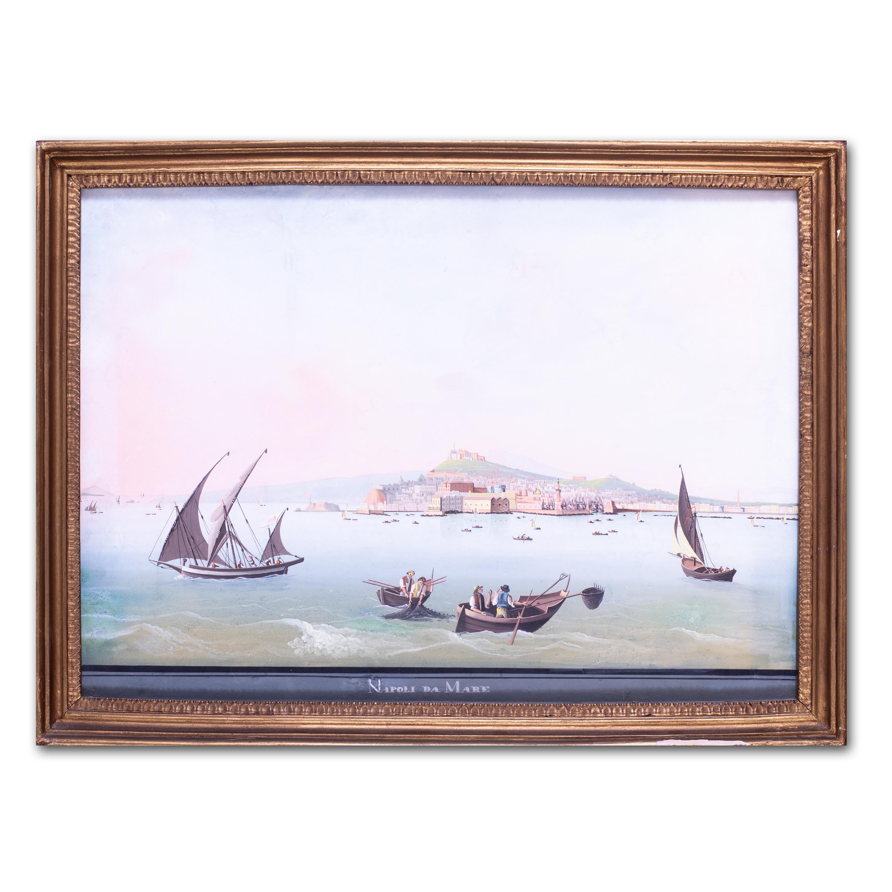 Peinture à la gouache italienne du XIXe siècle représentant le mont Vésuve et Naples en été en vente 3