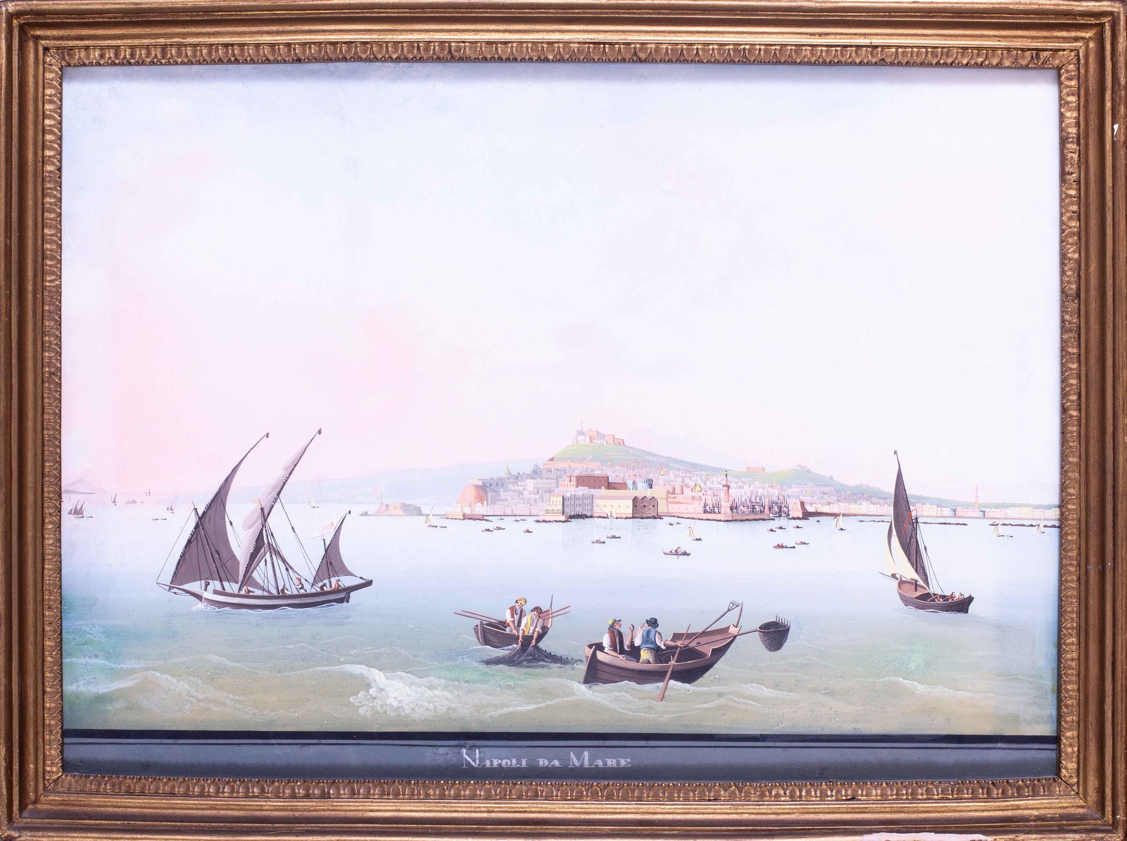 19th Century Italian gouache painting of Mount Vesuvius and Naples, summertime