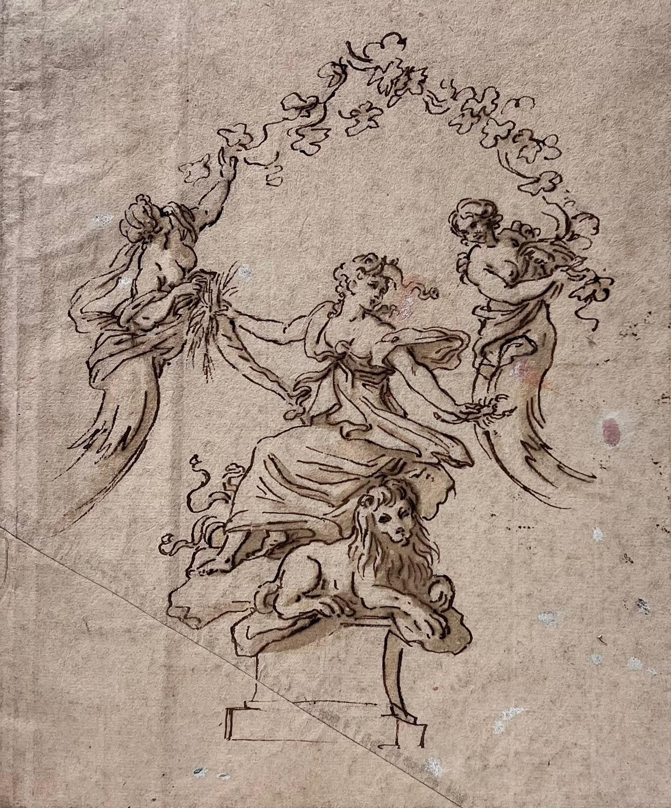 Dessin d'encre vénitienne des années 1700 représentant un lion, des figures d'anges et des fleurs de Saint-Marc - Painting de circle of Giovanni Battista Tiepolo