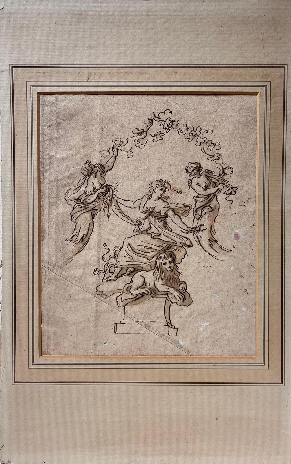 Dessin d'encre vénitienne des années 1700 représentant un lion, des figures d'anges et des fleurs de Saint-Marc - Rococo Painting par circle of Giovanni Battista Tiepolo