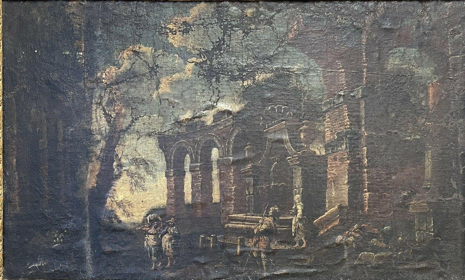 1700'S ITALIAN OLD MASTER OIL PAINTING FIGURES IN CLASSICAL RUINS LANDSCAPE - Painting by (circle of) Giovanni Panini
