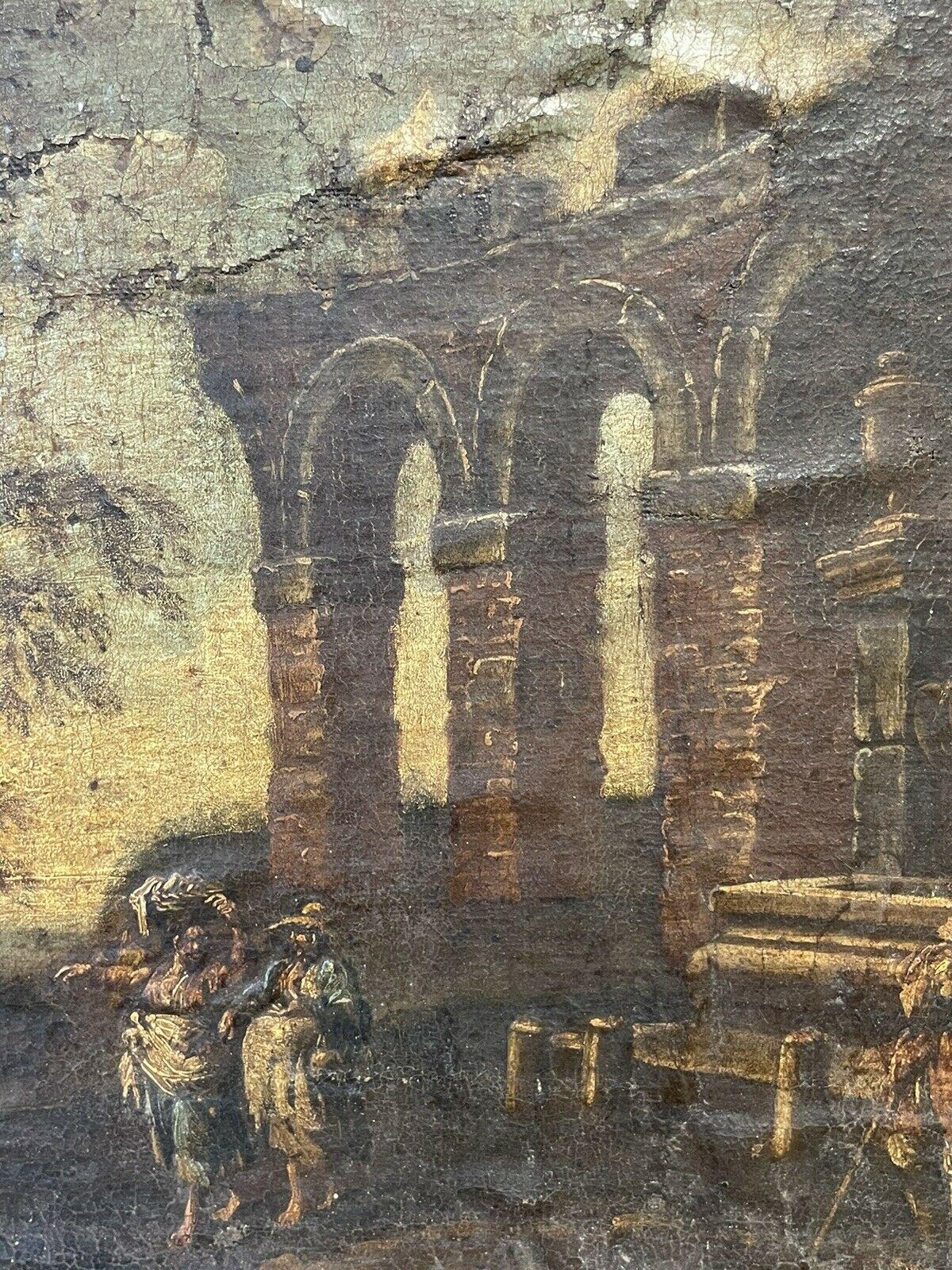 1700'S ITALIAN OLD MASTER OIL PAINTING FIGURES IN CLASSICAL RUINS LANDSCAPE 1