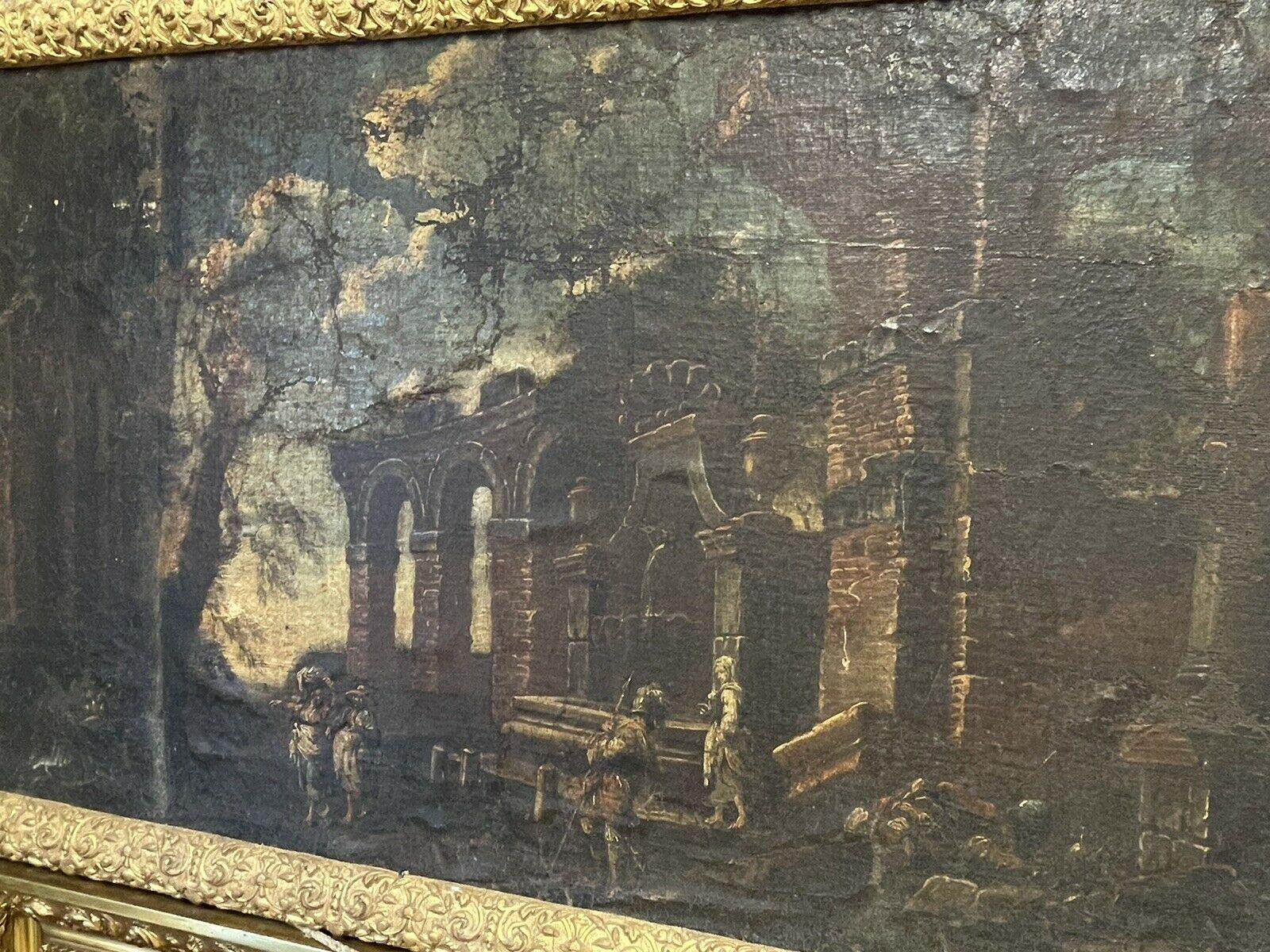 1700'S ITALIAN OLD MASTER OIL PAINTING FIGURES IN CLASSICAL RUINS LANDSCAPE 3