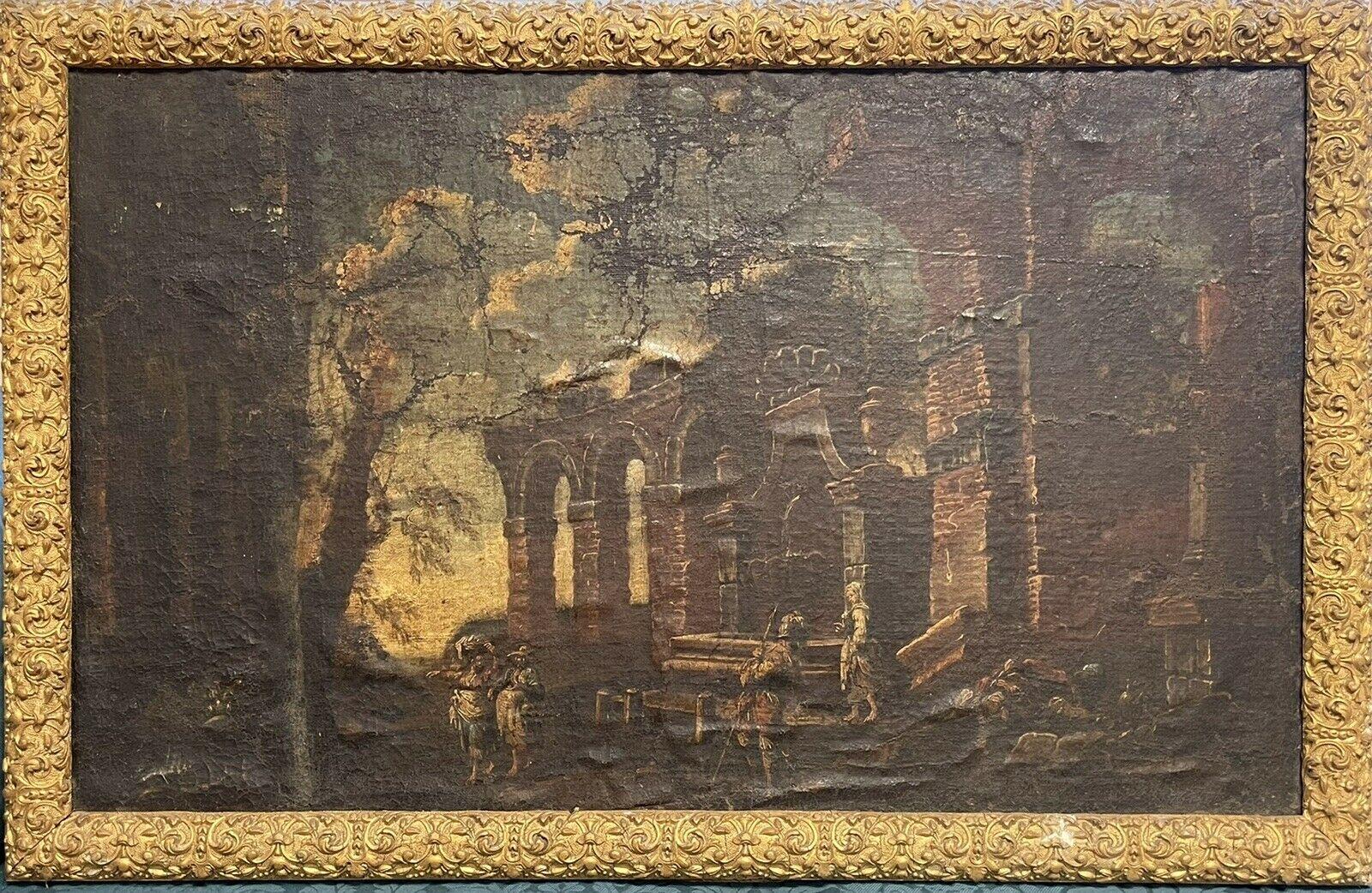 (circle of) Giovanni Panini Figurative Painting - 1700'S ITALIAN OLD MASTER OIL PAINTING FIGURES IN CLASSICAL RUINS LANDSCAPE