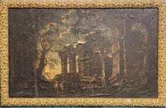 1700'S ITALIAN OLD MASTER OIL PAINTING FIGURES IN CLASSICAL RUINS LANDSCAPE