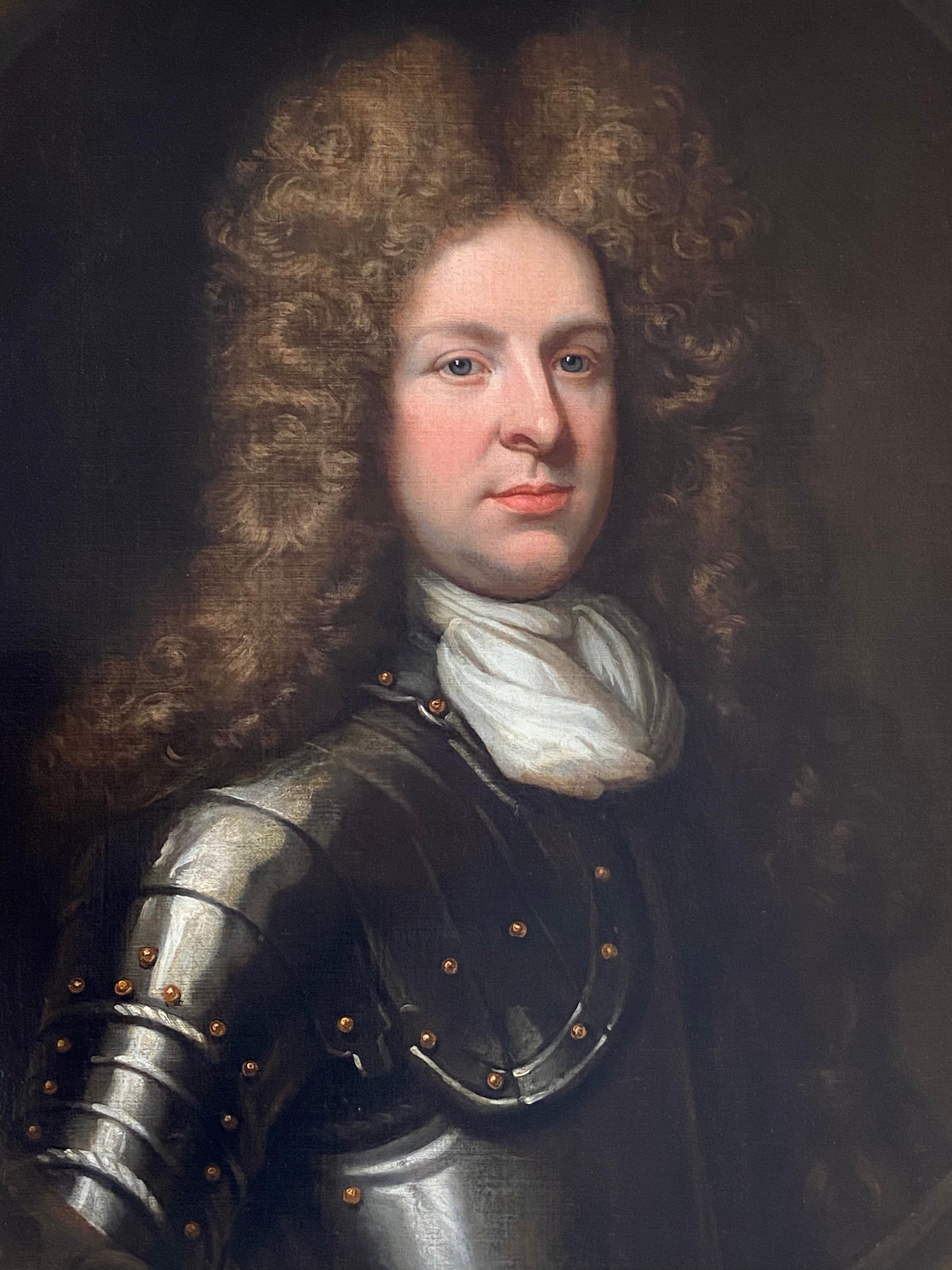 This fine chivalric portrait, dating to around c.1690, shows a young officer sporting a flamboyant powdered wig and silk cravat. Contrasted with these courtly accoutrements is the shining plate armour that covers and protects his body. It is clear