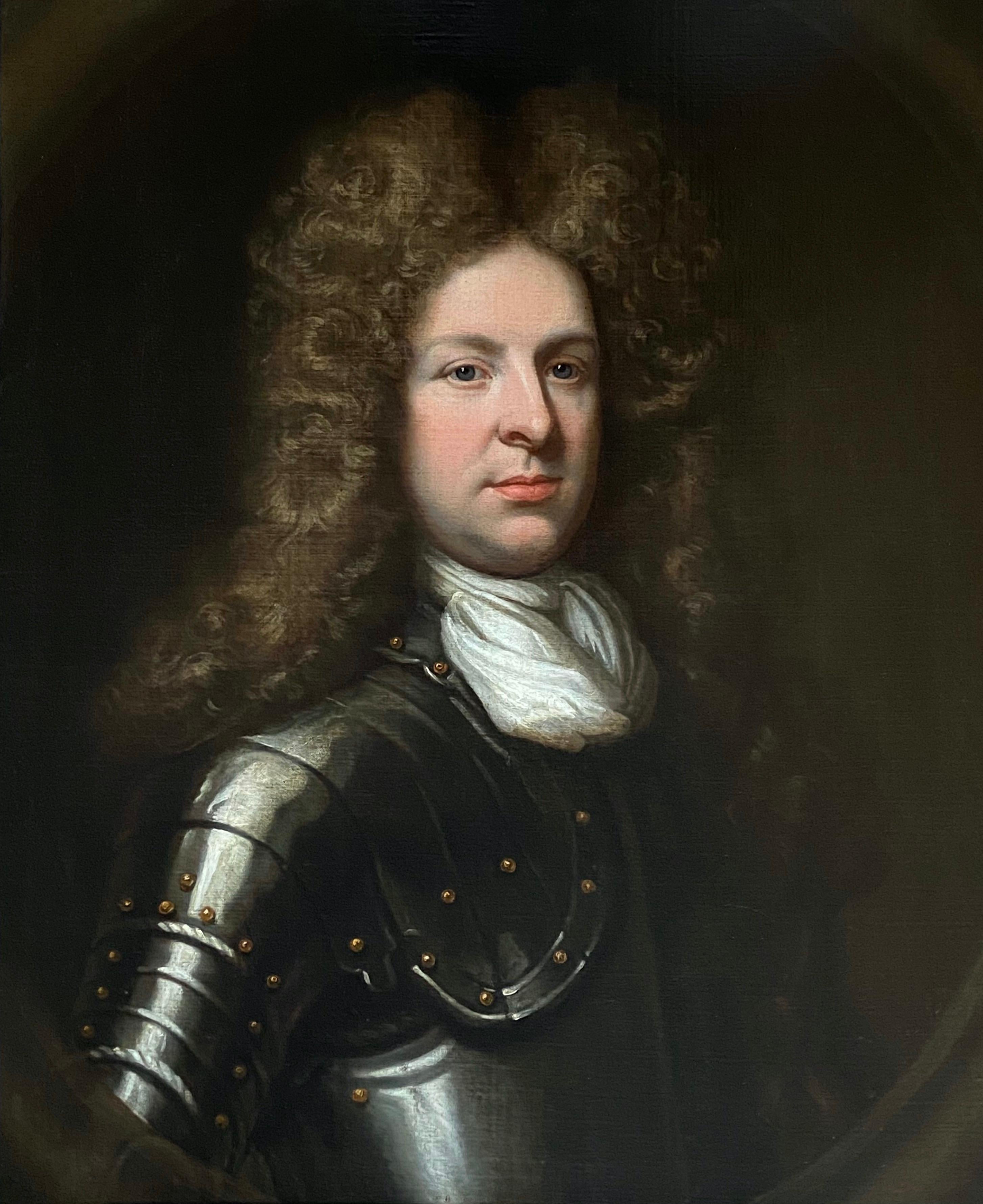 (Circle of) Godfrey Kneller Interior Painting - 17th English Old Master Oil Portrait of a Young Gentleman in Armour circa 1690.