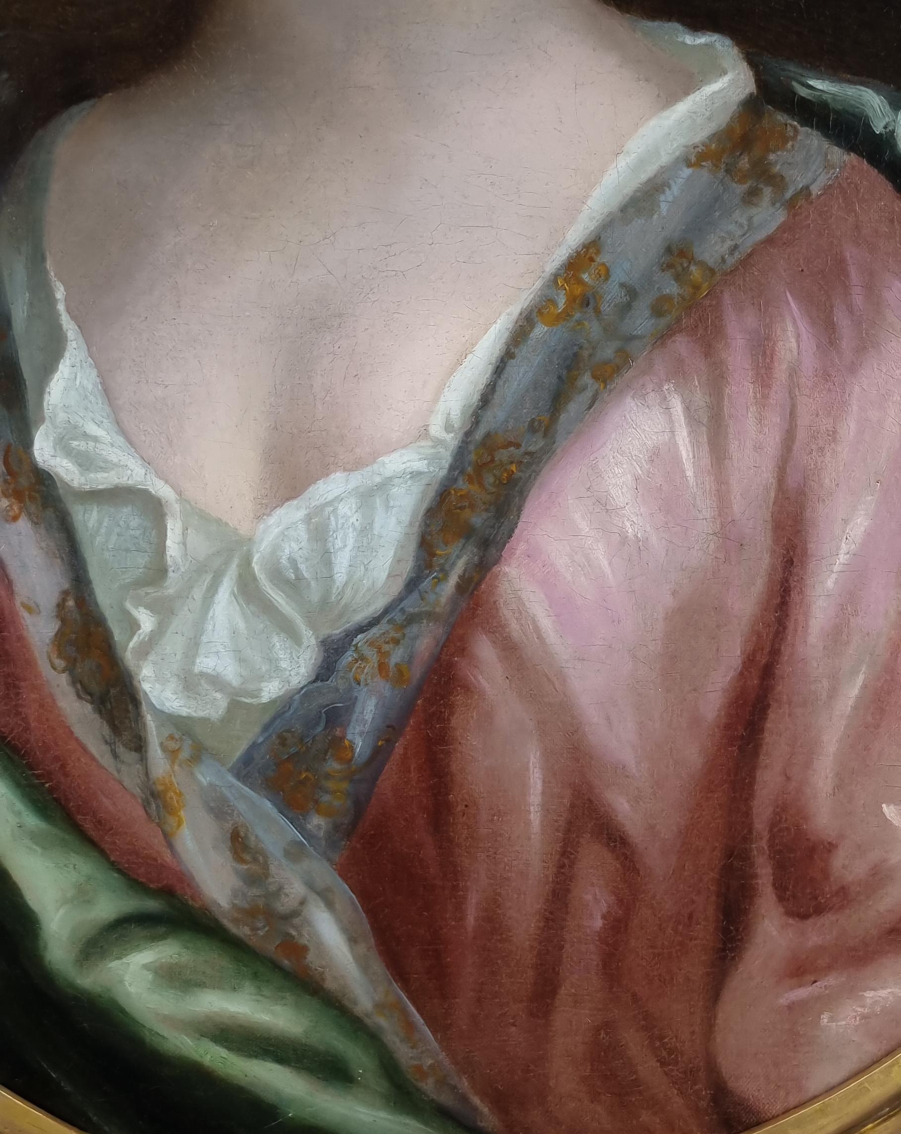 Portrait of a Lady in a Pink Dress and Green Wrap c.1695, Antique Oil Painting For Sale 4