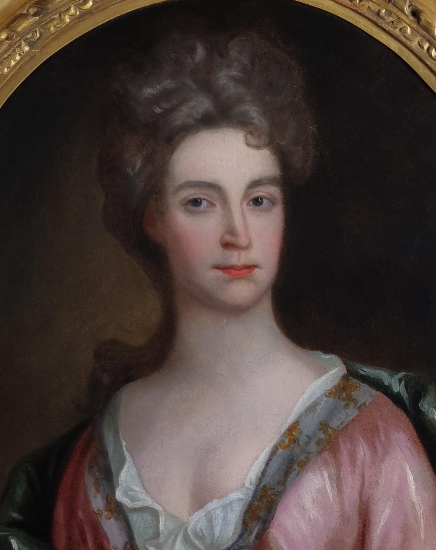 Portrait of a Lady in a Pink Dress and Green Wrap c.1695, Antique Oil Painting For Sale 5
