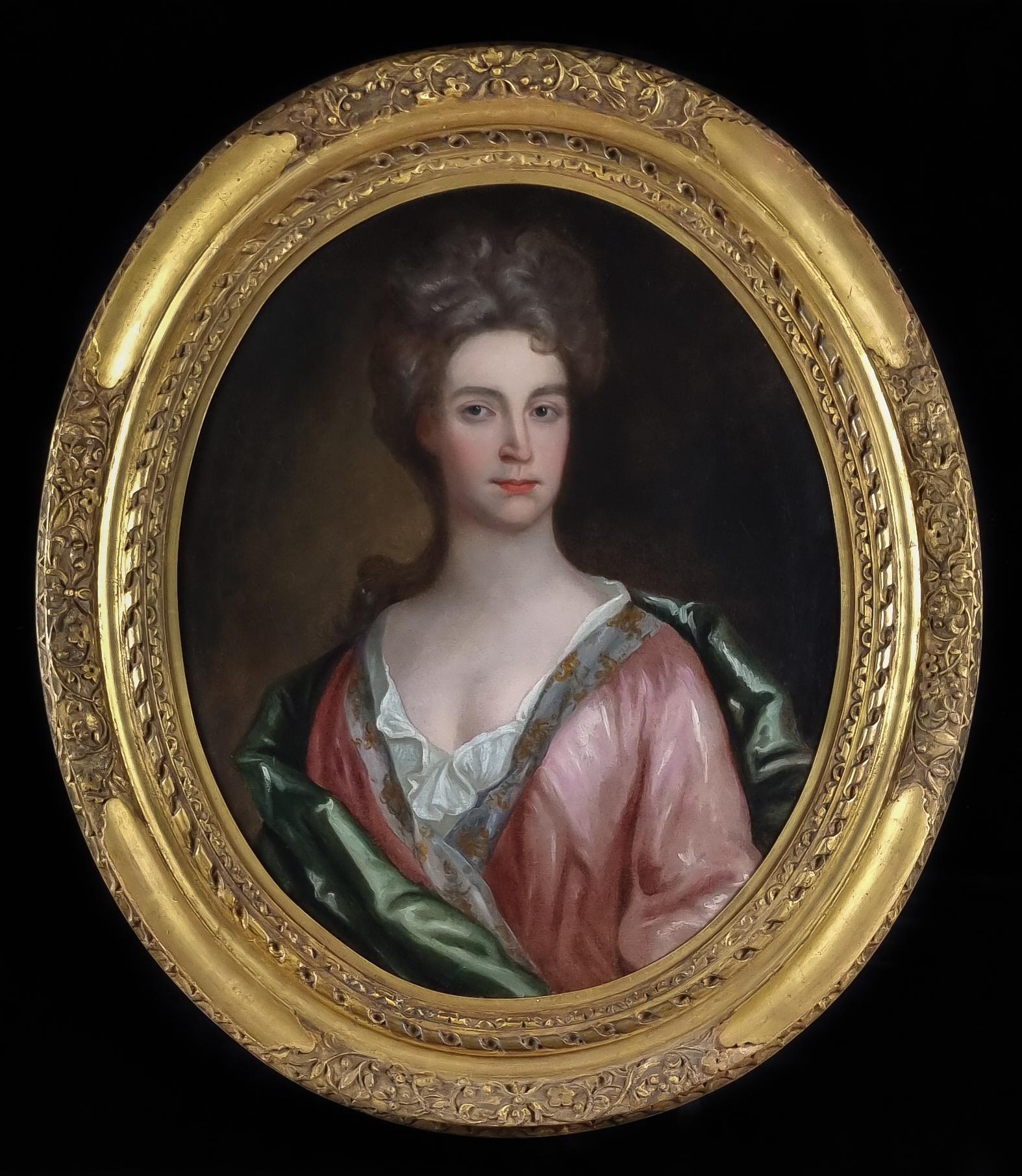 Portrait of a Lady in a Pink Dress and Green Wrap c.1695, Antique Oil Painting - Art by (Circle of) Godfrey Kneller