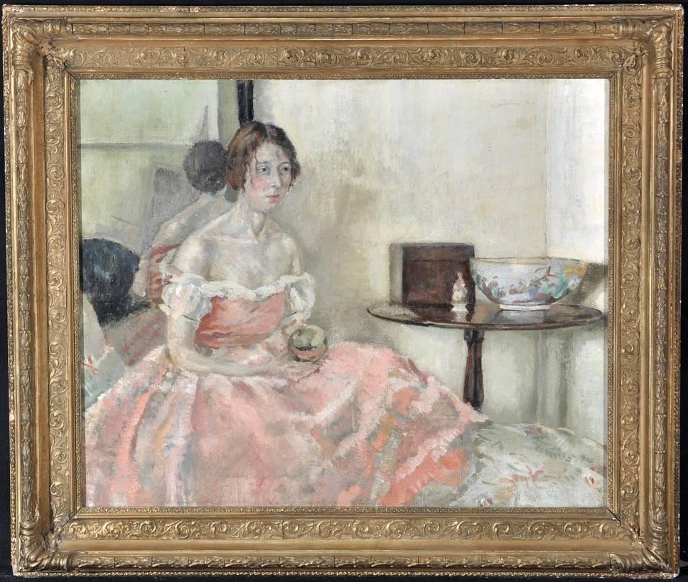 painting of woman in pink dress