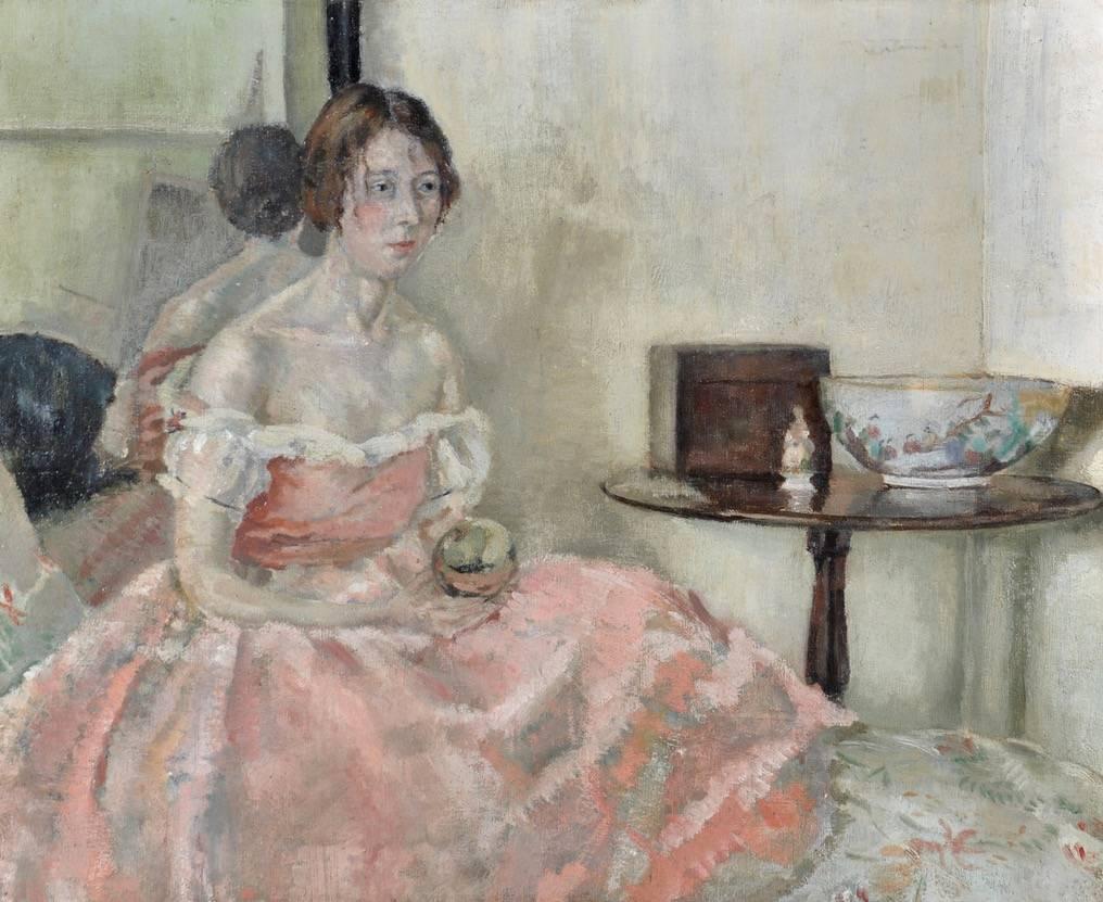 The Lady in the Pink Kleid 
Kreis von Gwen John (Brite:: 1876-1939) 
Ölgemälde auf Leinwand:: gerahmt 

Leinwandgröße: 17::5 x 21::5 Zoll 

Hochwertiges Porträt einer jungen Frau in rosafarbenem Kleid aus den 1930er Jahren:: die in einem eleganten