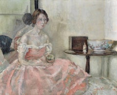 The Lady in the Pink Dress:: feines englisches impressionistisches Ölgemälde