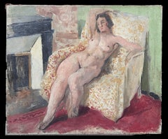1920's French Post-Impressionist Oil Painting Nude Woman in Pink Interior Room