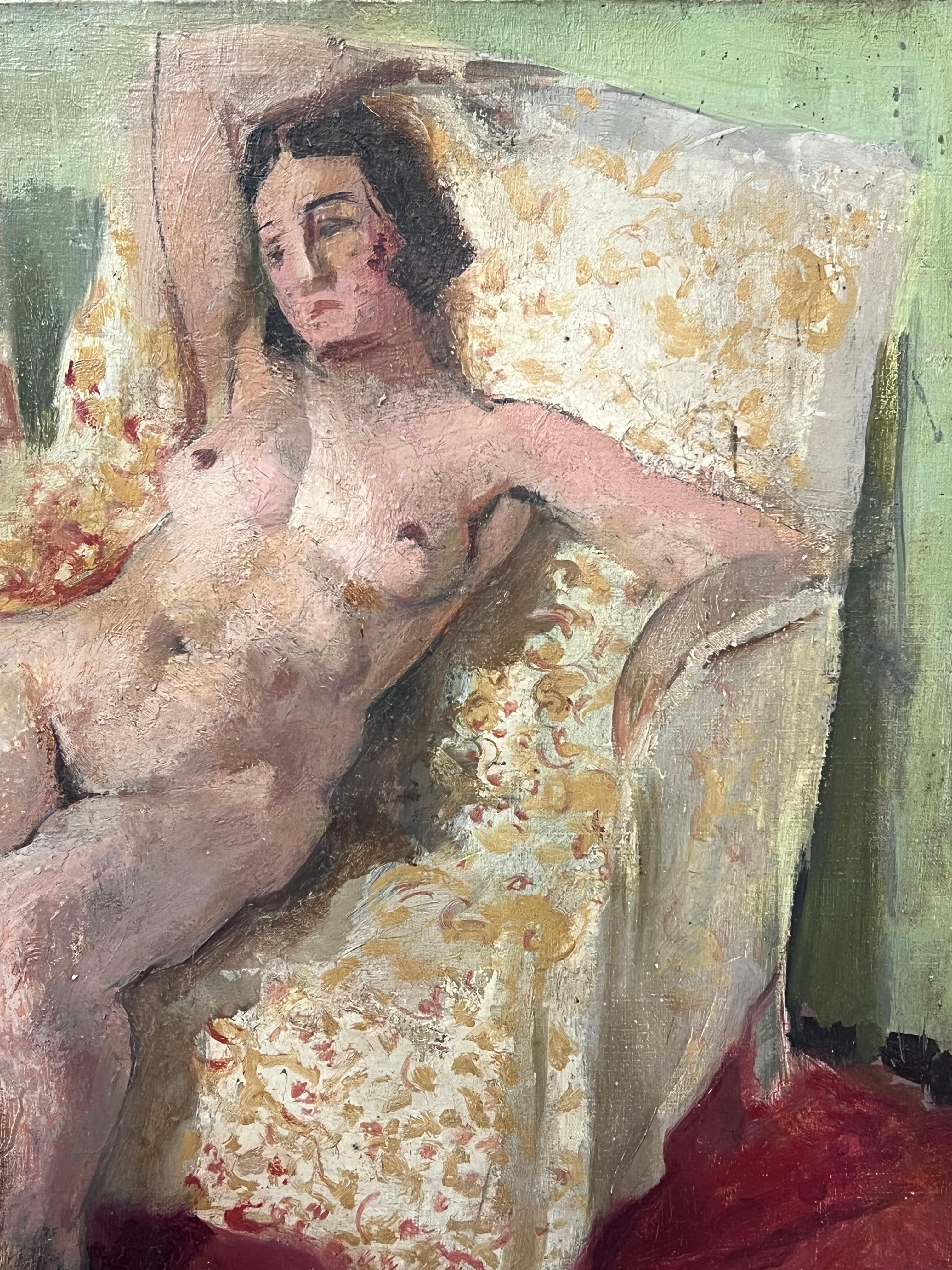 Peinture à l'huile post-impressionniste française des années 1920 Femme nue en rose dans une pièce intérieure - Post-impressionnisme Painting par circle of Henri Matisse