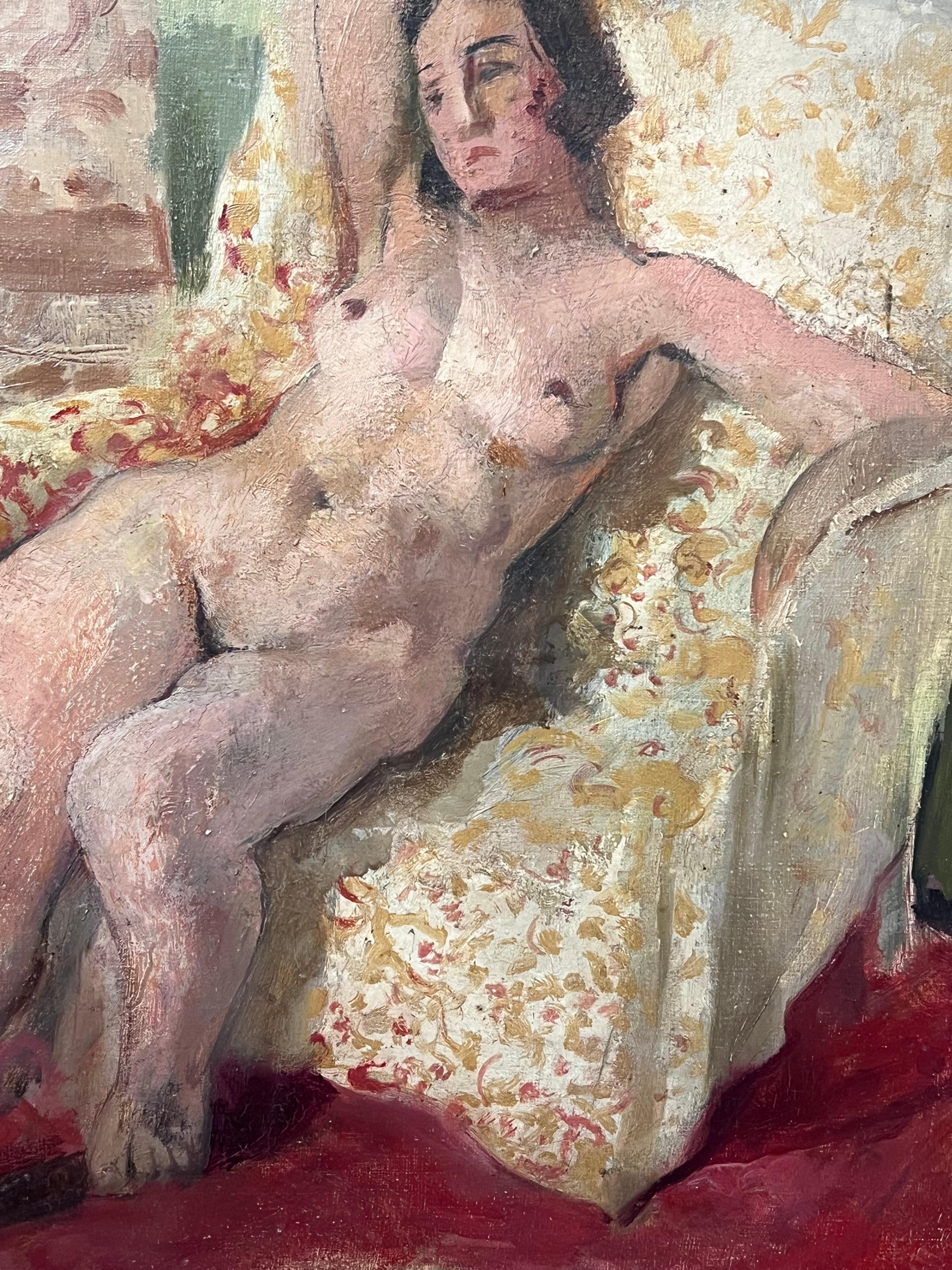 Peinture à l'huile post-impressionniste française des années 1920 Femme nue en rose dans une pièce intérieure - Marron Interior Painting par circle of Henri Matisse