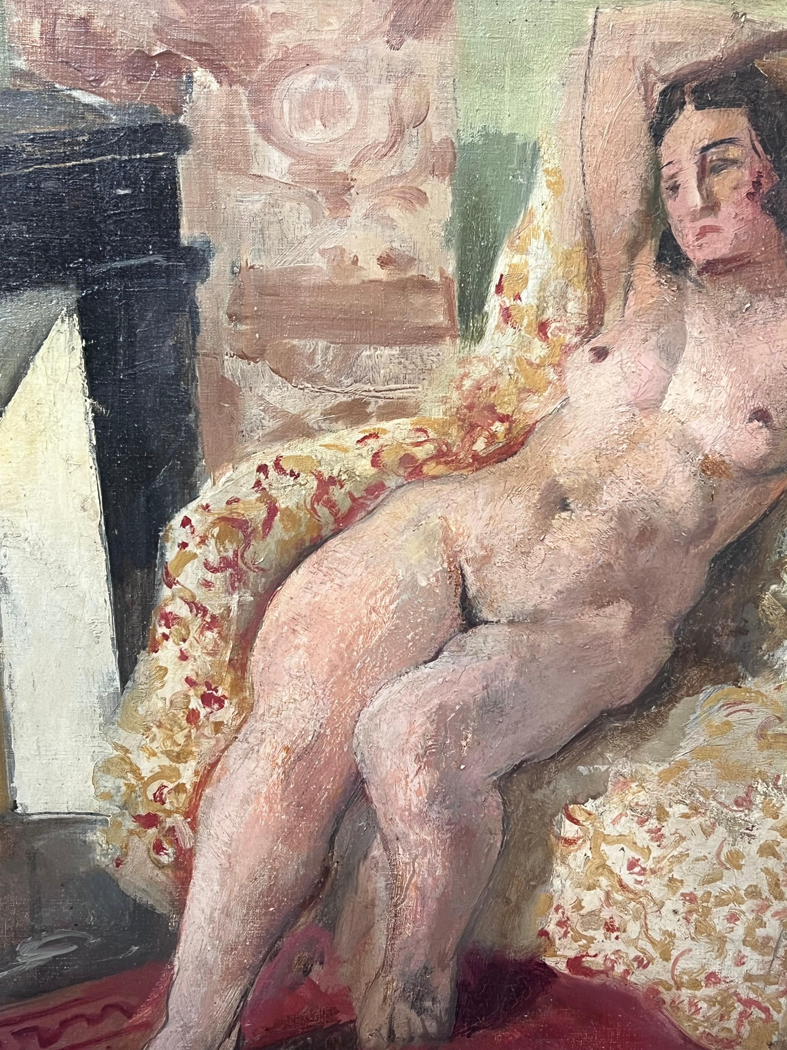 Peinture à l'huile post-impressionniste française des années 1920 Femme nue en rose dans une pièce intérieure en vente 2