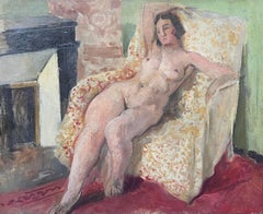 1920's French Post-Impressionist Oil Painting Nude Woman in Pink Interior Room