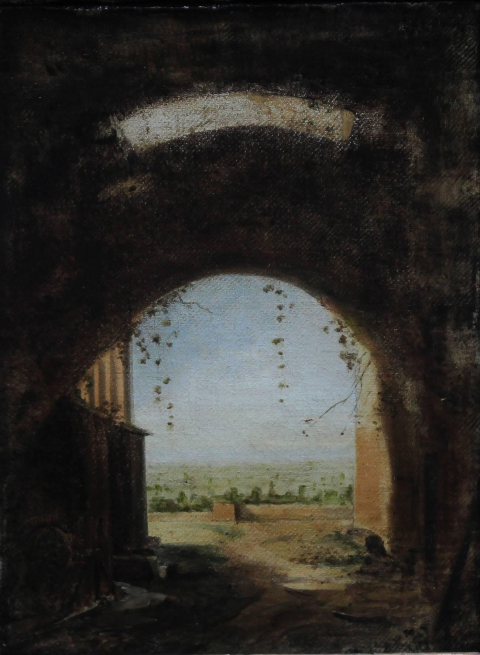 (Circle of) Hubert Robert Landscape Painting - Italian Arch - Old Master British art Italian landscape and ruins through arch