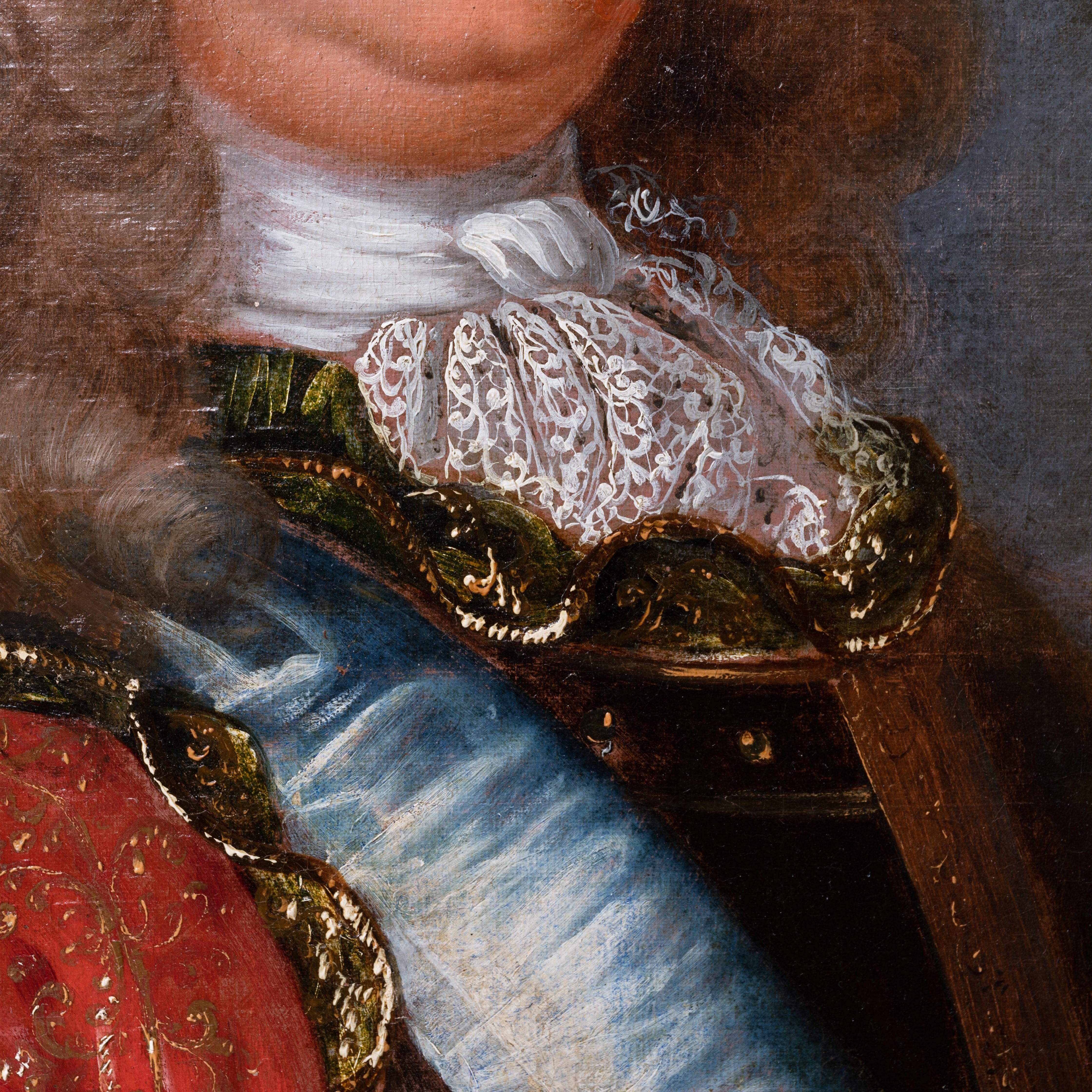 Portrait of Louis de France (1661-1711), Grand Dauphin, son of Louis XIV, Sun King.
Cercle of Hyacinthe Rigaud (1659-1743)
Early 18th century French school, circa 1700
Oil on canvas,
Dimensions: h. 35.43 in., w. 28.34 in
Louis XIV style giltwood