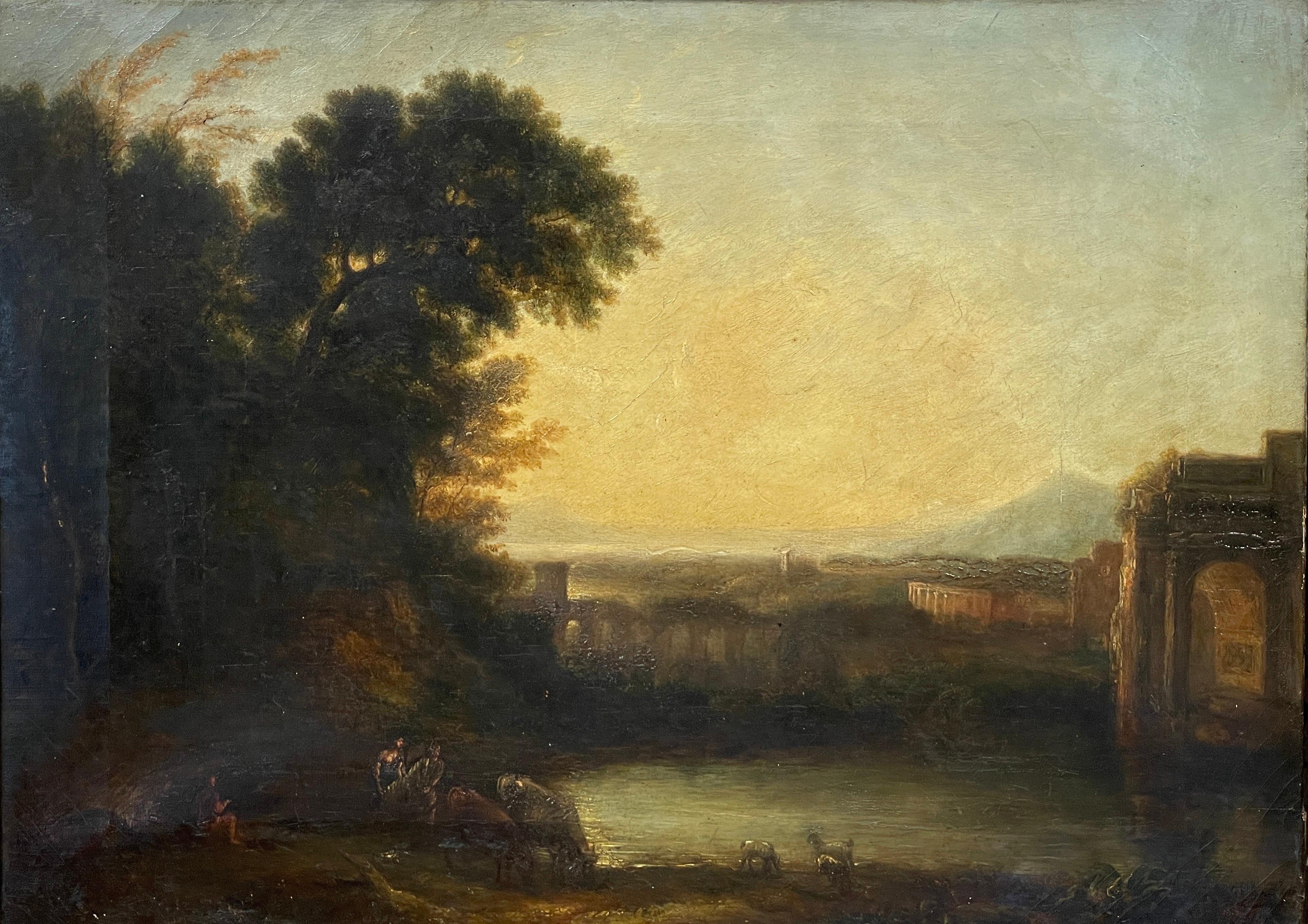 Fine 1830's British Oil Painting Figures in Classical Arcadian