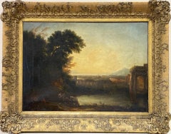 Fine 1830s British Oil Painting Figures in Classical Arcadian Landscape Sunset