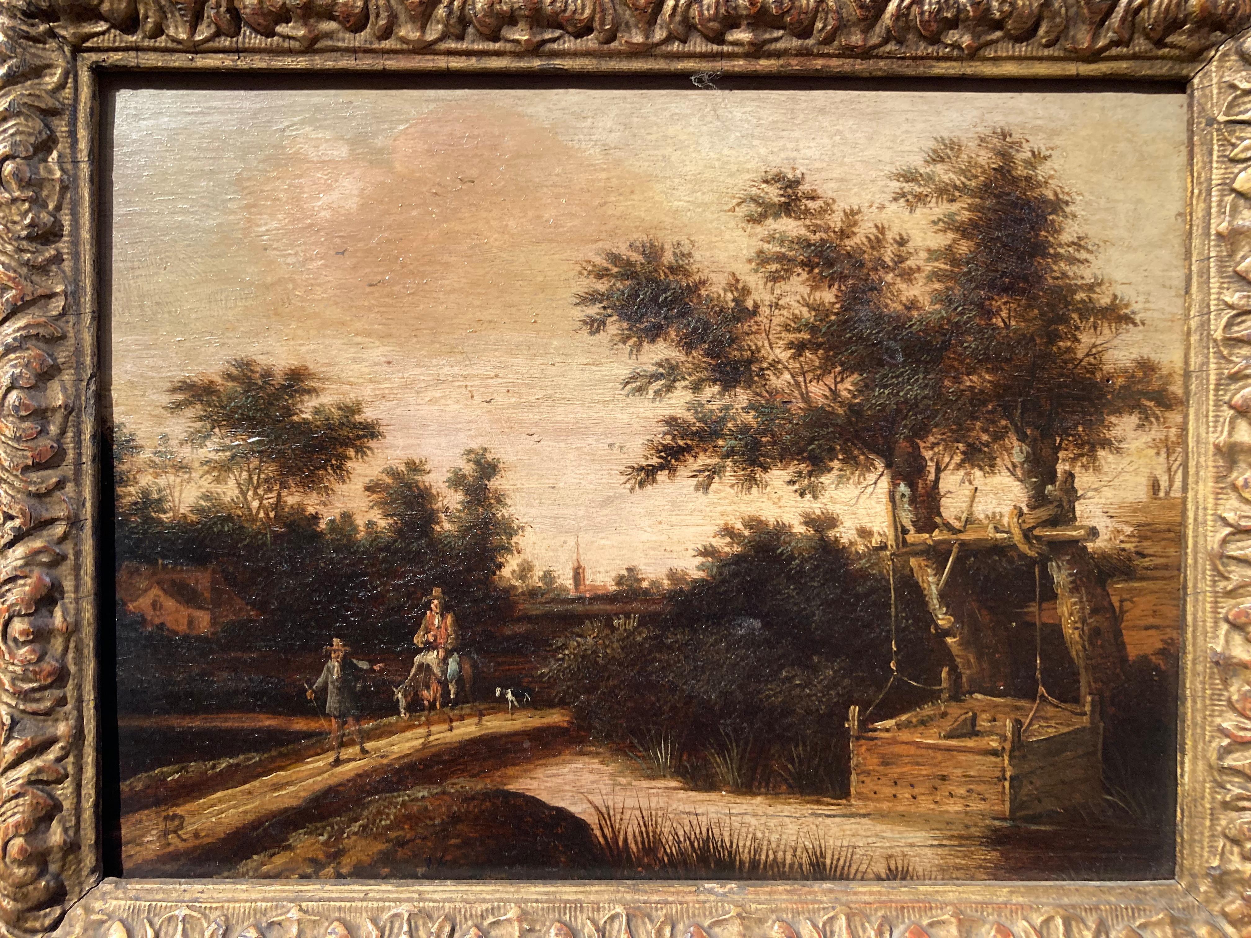 Kreis von Jacob Ruisdael, Landschaft mit Reitern und einem Brunnen, Flämische Kunst (Beige), Landscape Painting, von Circle of Jacob Isaacksz. van Ruisdael