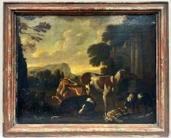 Fine 1700's Italian Old Master Oil Painting Hunting Dogs with Game, Roman Ruins