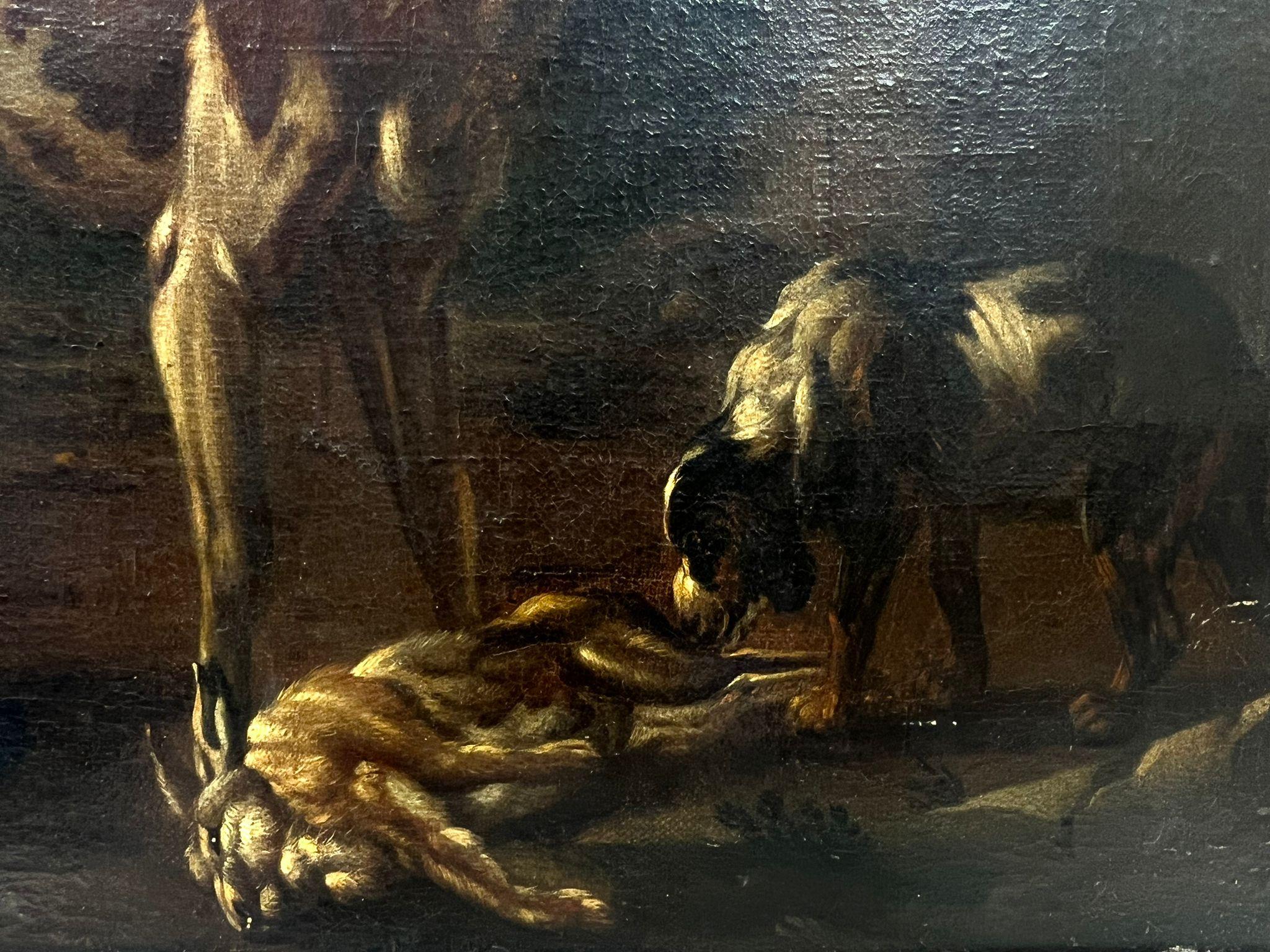 Fine 1700's Italian Old Master Oil Painting Hunting Dogs with Game, Roman Ruins (Chiens de chasse avec gibier, ruines romaines) en vente 3