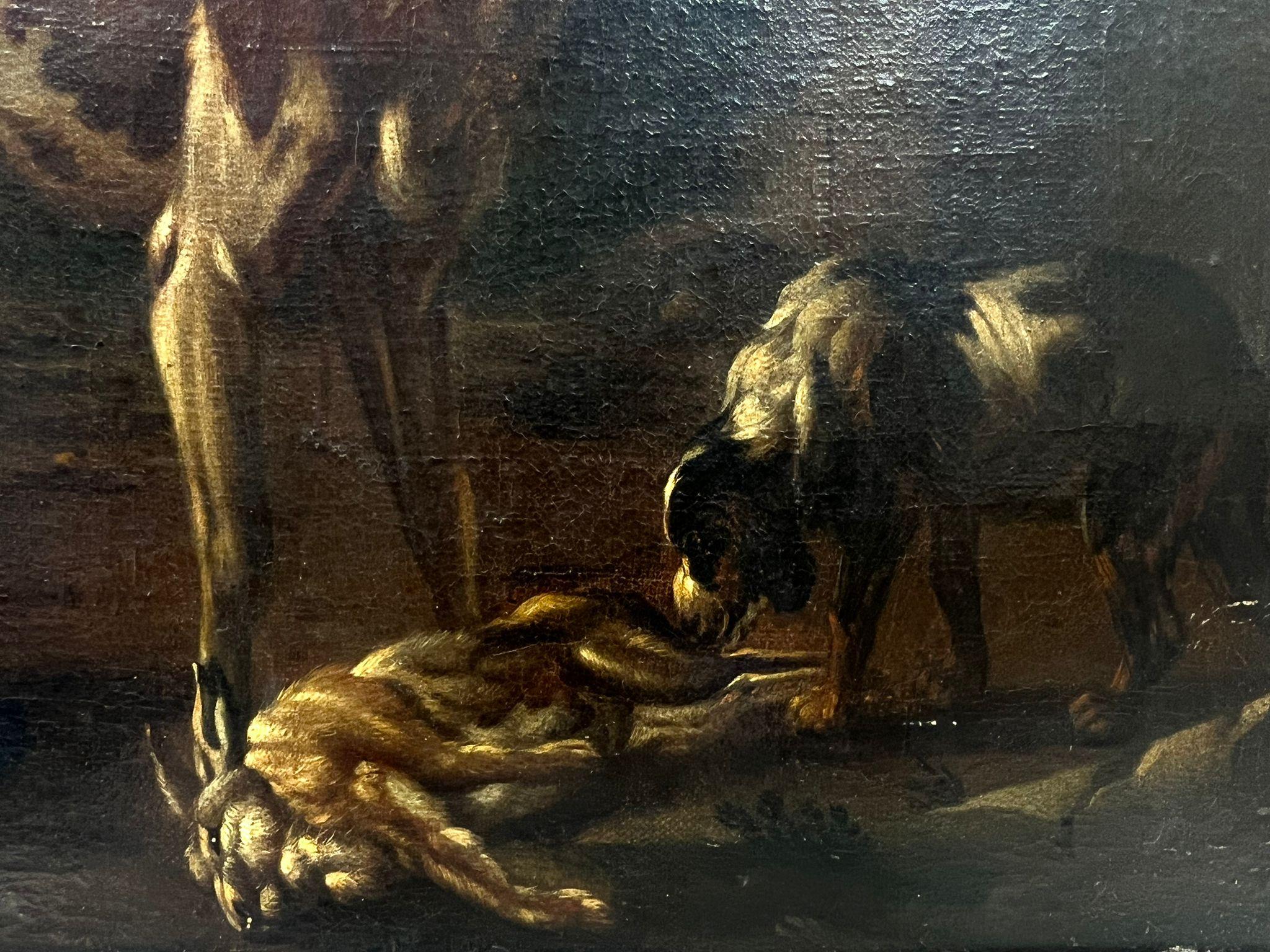 Fine 1700's Italian Old Master Oil Painting Hunting Dogs with Game, Roman Ruins For Sale 1