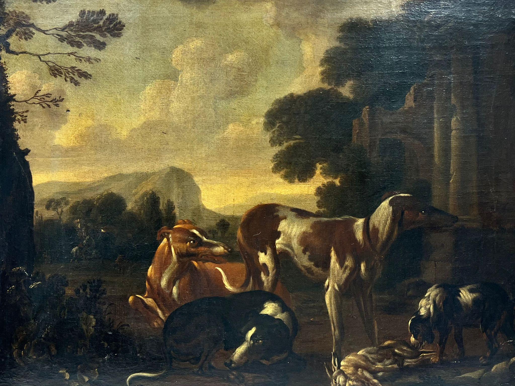 Fine 1700's Italian Old Master Oil Painting Hunting Dogs with Game, Roman Ruins