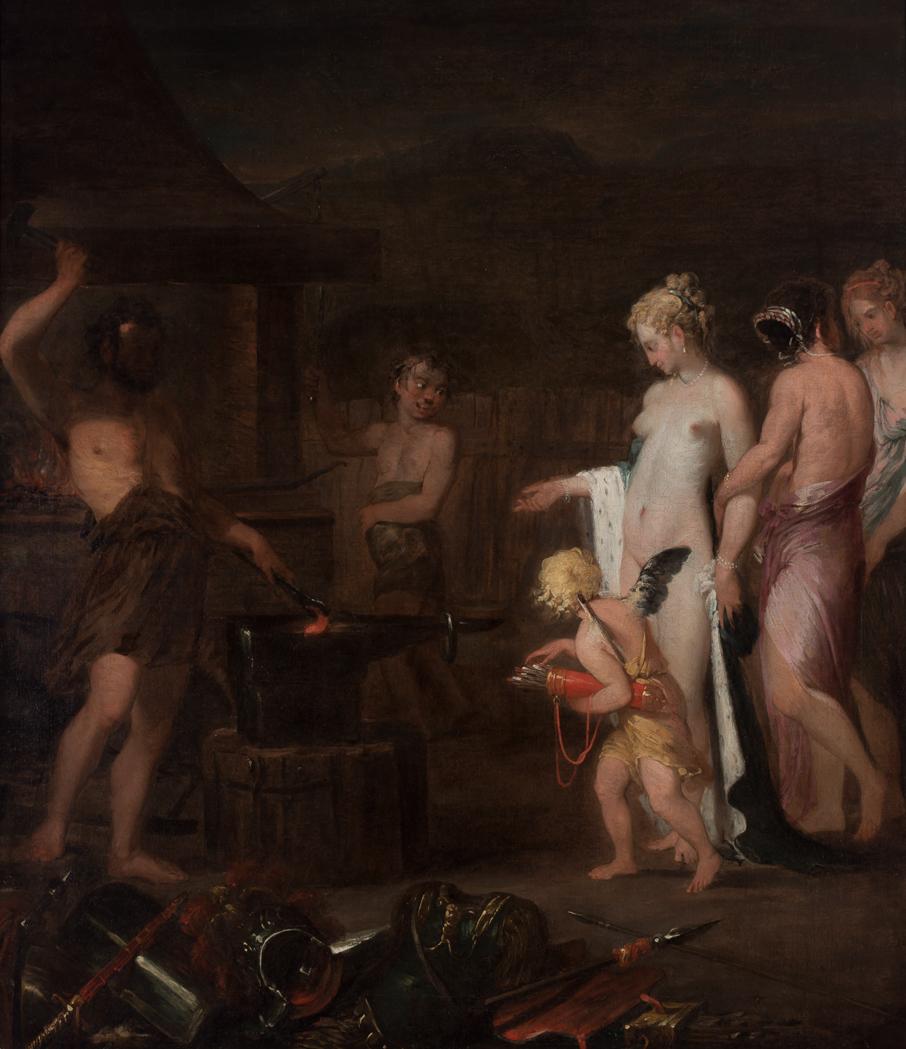 Our oil painting on canvas depicting the Venus at the Forge of Vulcan is attributed to the circle of Jacob van Loo (French, 1614-1670).  Previously erroneously attributed to Ambroise Bosschaert dit Dubois (c1543-c1615).  Stretcher 34.5 by 40 inches