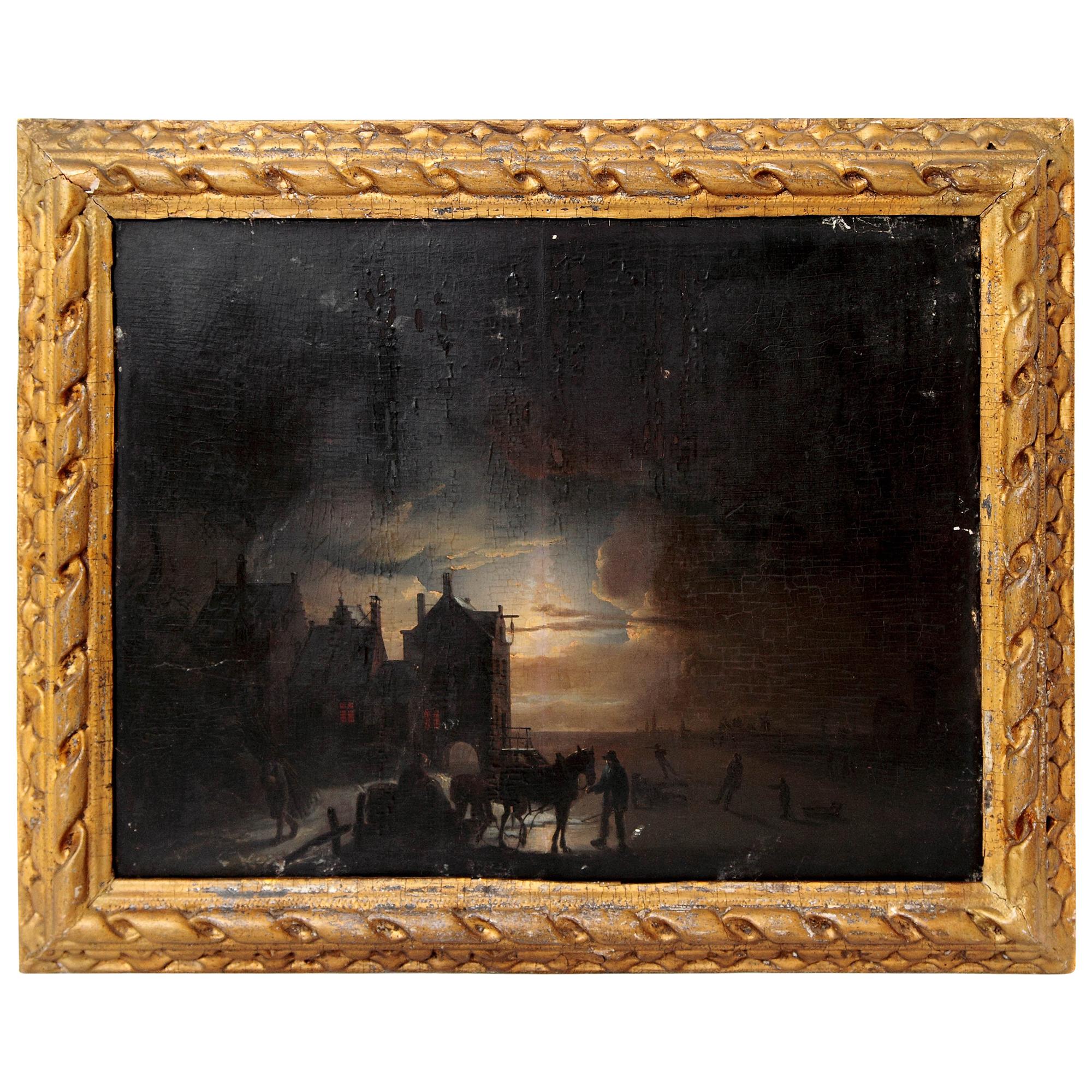Circle of Jacobus Theodorus Ables, "A Winter's Night" Oil on Panel For Sale