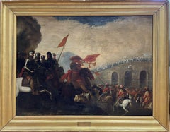 ÉNORME PEINTURE À L'HUILE DU MAÎTRE DU 17e SIÈCLE - SCÈNE DE BATAILLE EXTENSIVE - NOMBREUX SOLDATS