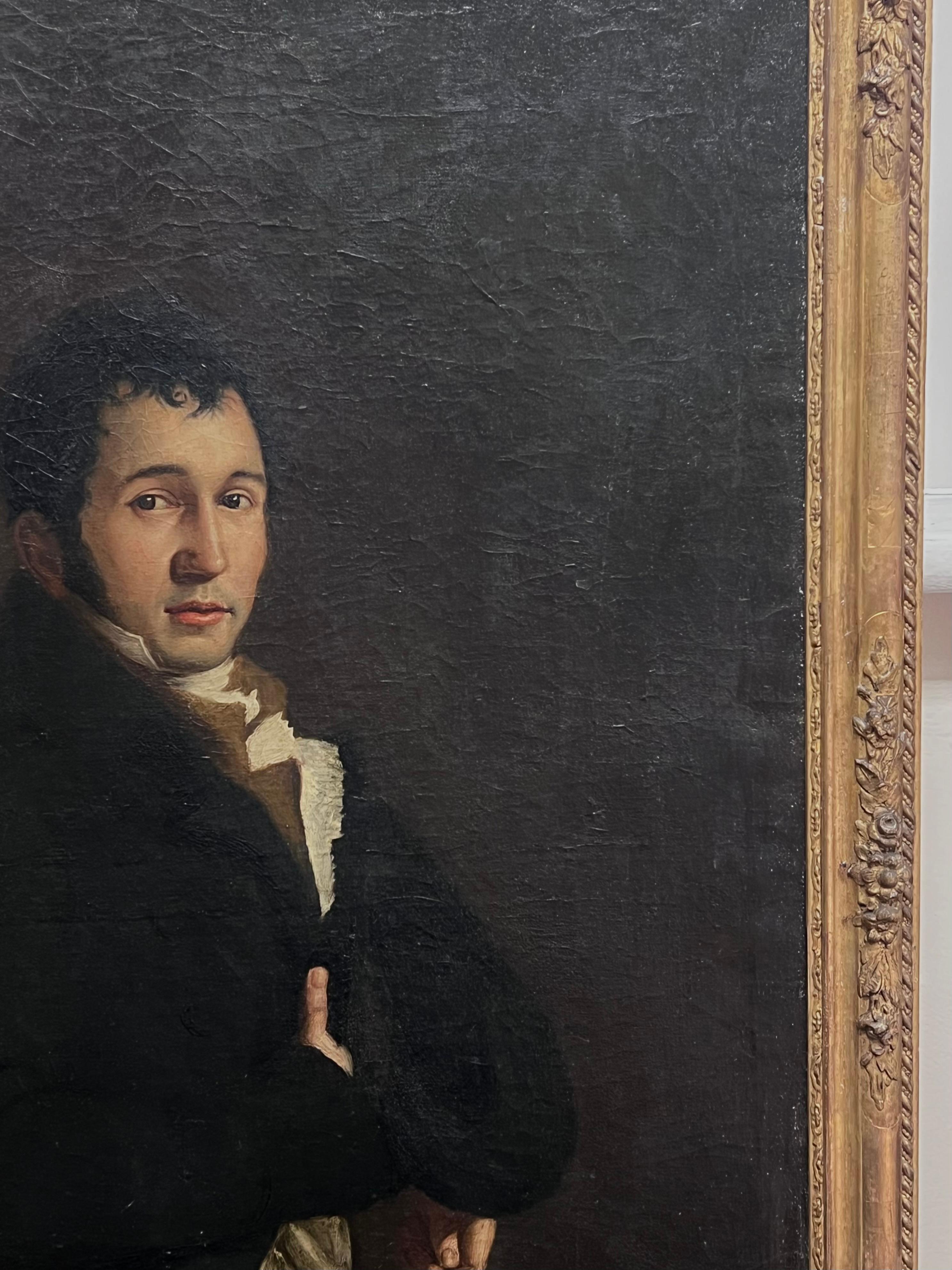 Riesige Französisch 1800's Neo Classical Porträt von Dapper Distinguished Gent Malerei (Schwarz), Figurative Painting, von Circle of Jacques Louis David