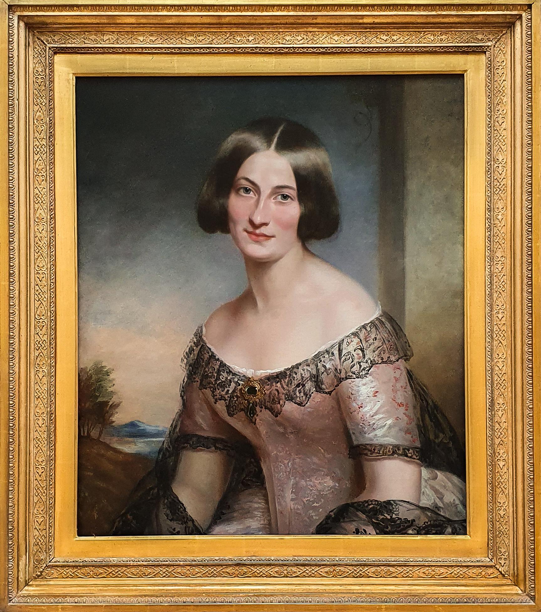 (Circle of) James Godsell Middleton Portrait Painting - Portrait of a Lady in Pink Dress c.1850, Antique Oil Painting