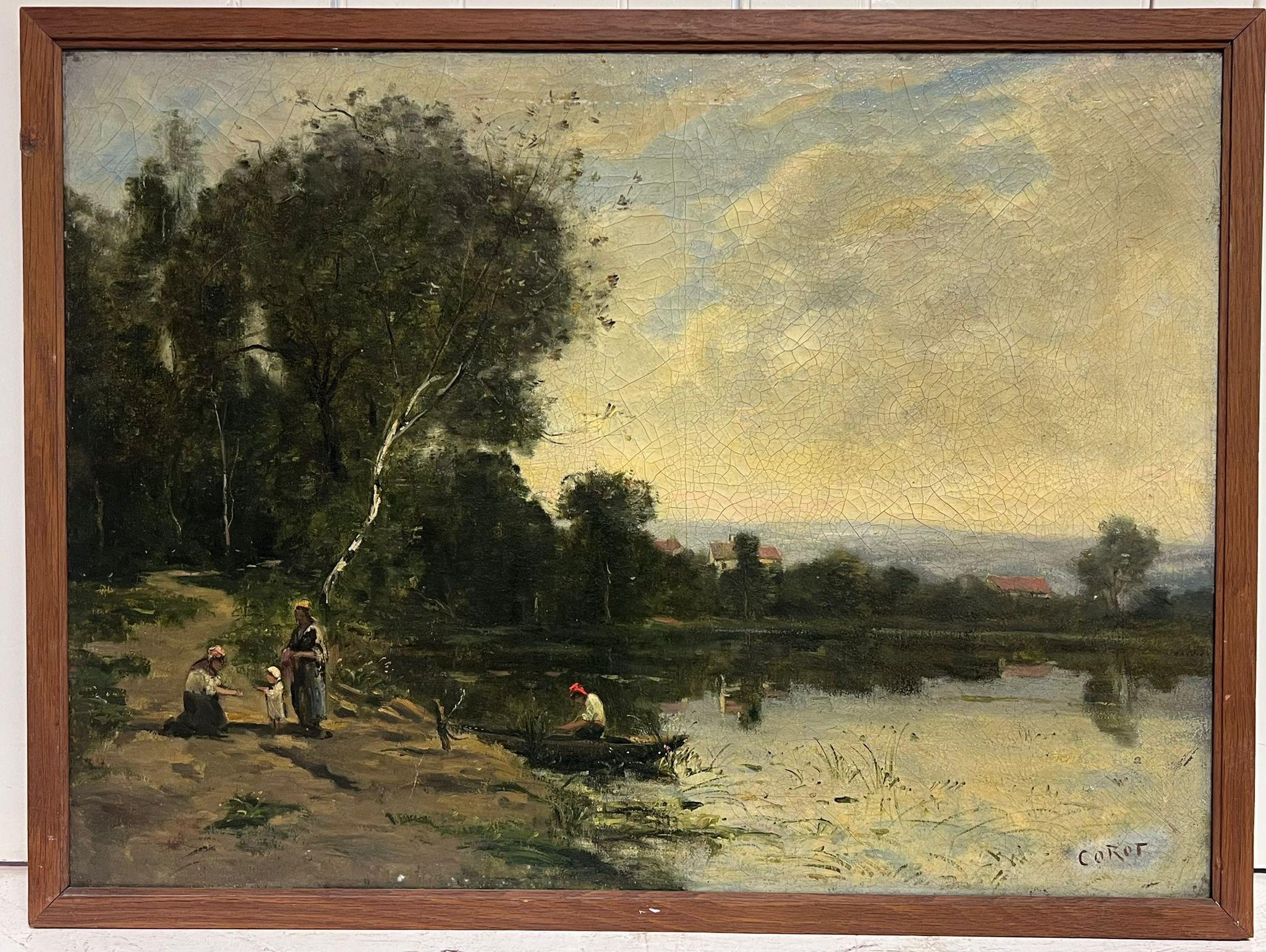 Peinture à l'huile française du 19e siècle, signée de Barbizon, représentant un lac dans un paysage - Painting de circle of Jean-Baptiste-Camille Corot