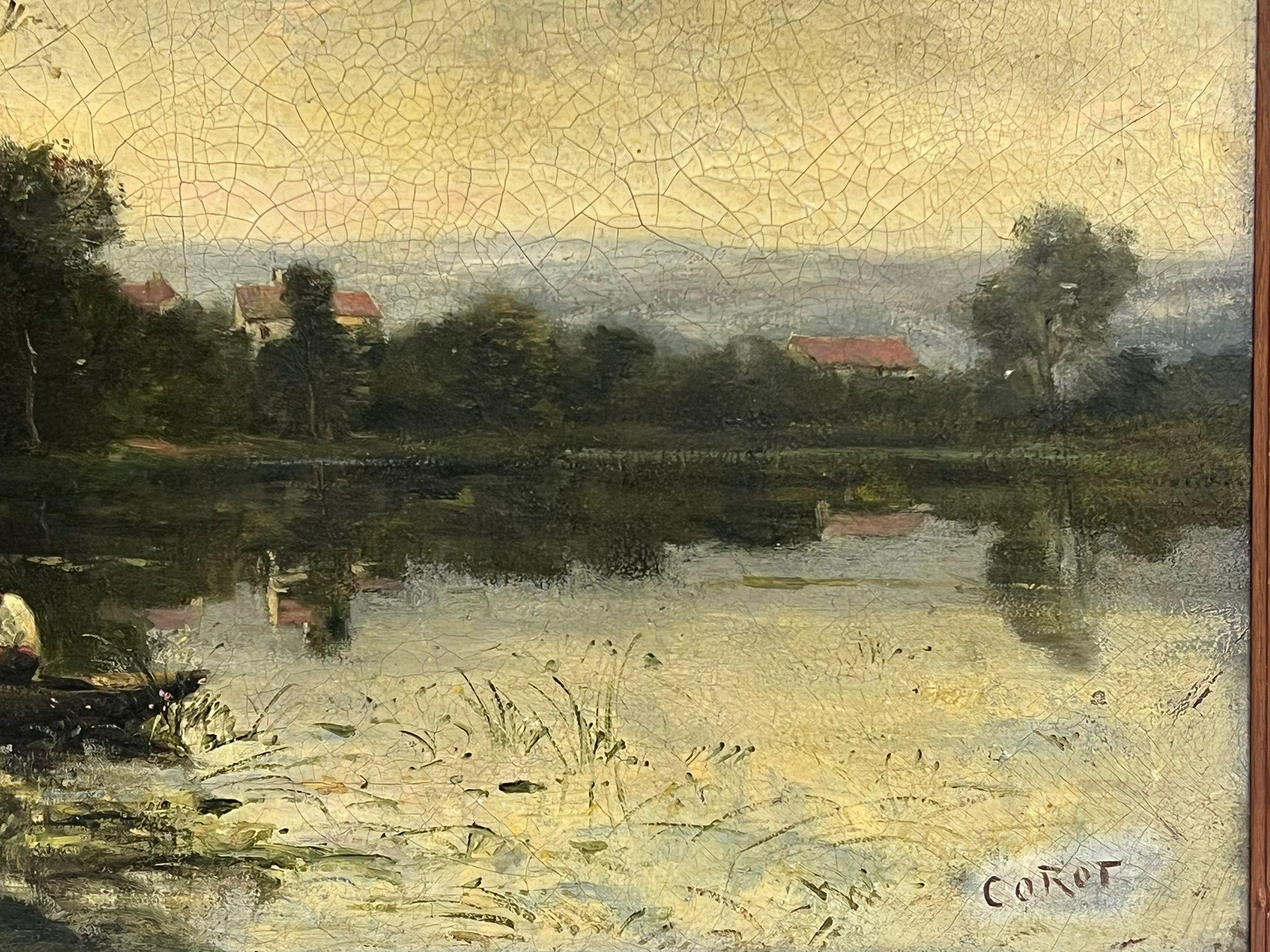 Figures au bord du lac
École française de Barbizon, 19e siècle
porte la signature 