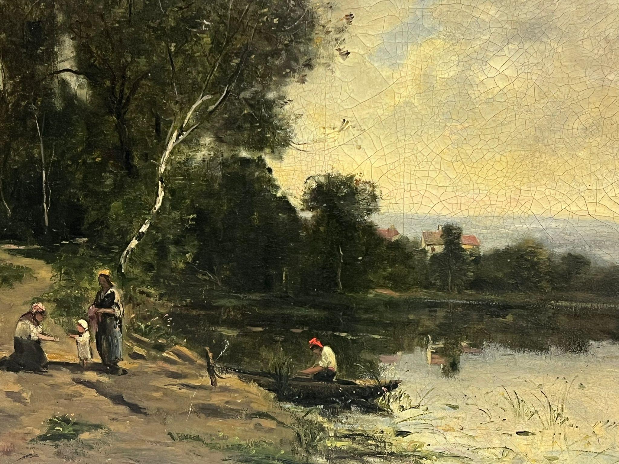 Peinture à l'huile française du 19e siècle, signée de Barbizon, représentant un lac dans un paysage 1