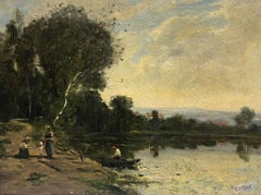 19th Century French Barbizon Signed Oil Painting Figures by Lake in Landscape
