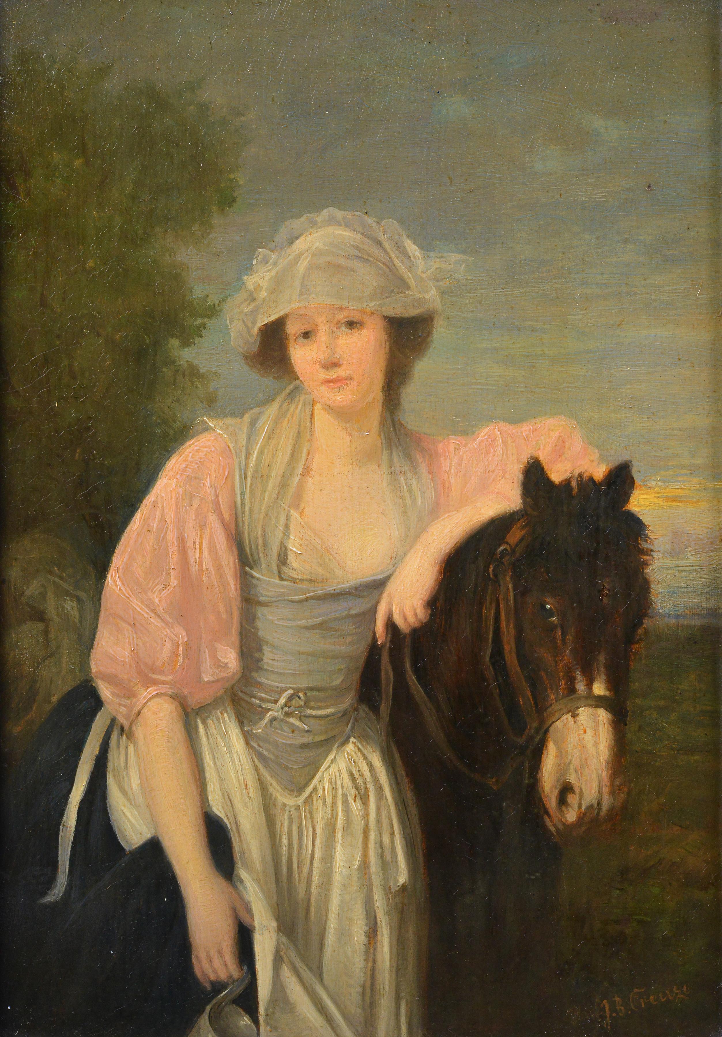 Milieu du 19ème siècle D'après Greuze Portrait de laitière Peinture à l'huile sur panneau encadrée - École française Painting par (Circle of) Jean Baptiste Greuze