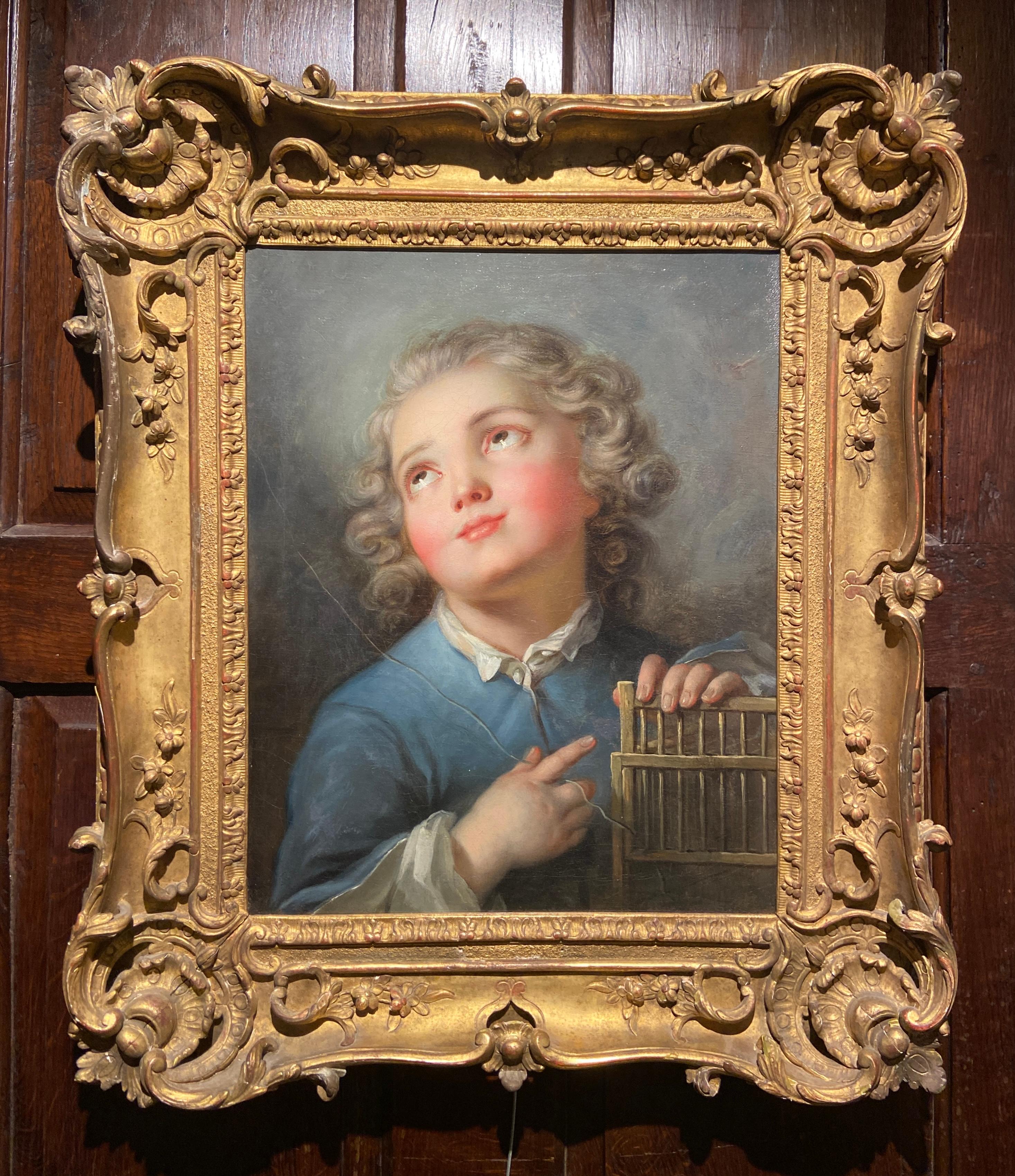 Portrait d'un jeune garçon avec une cage à oiseaux, huile sur toile de l'école française du 18e siècle - Painting de (Circle of) Jean Baptiste Greuze