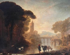 1800's English Old Master Oil Painting Cattle & Figure Sunset River Landscape