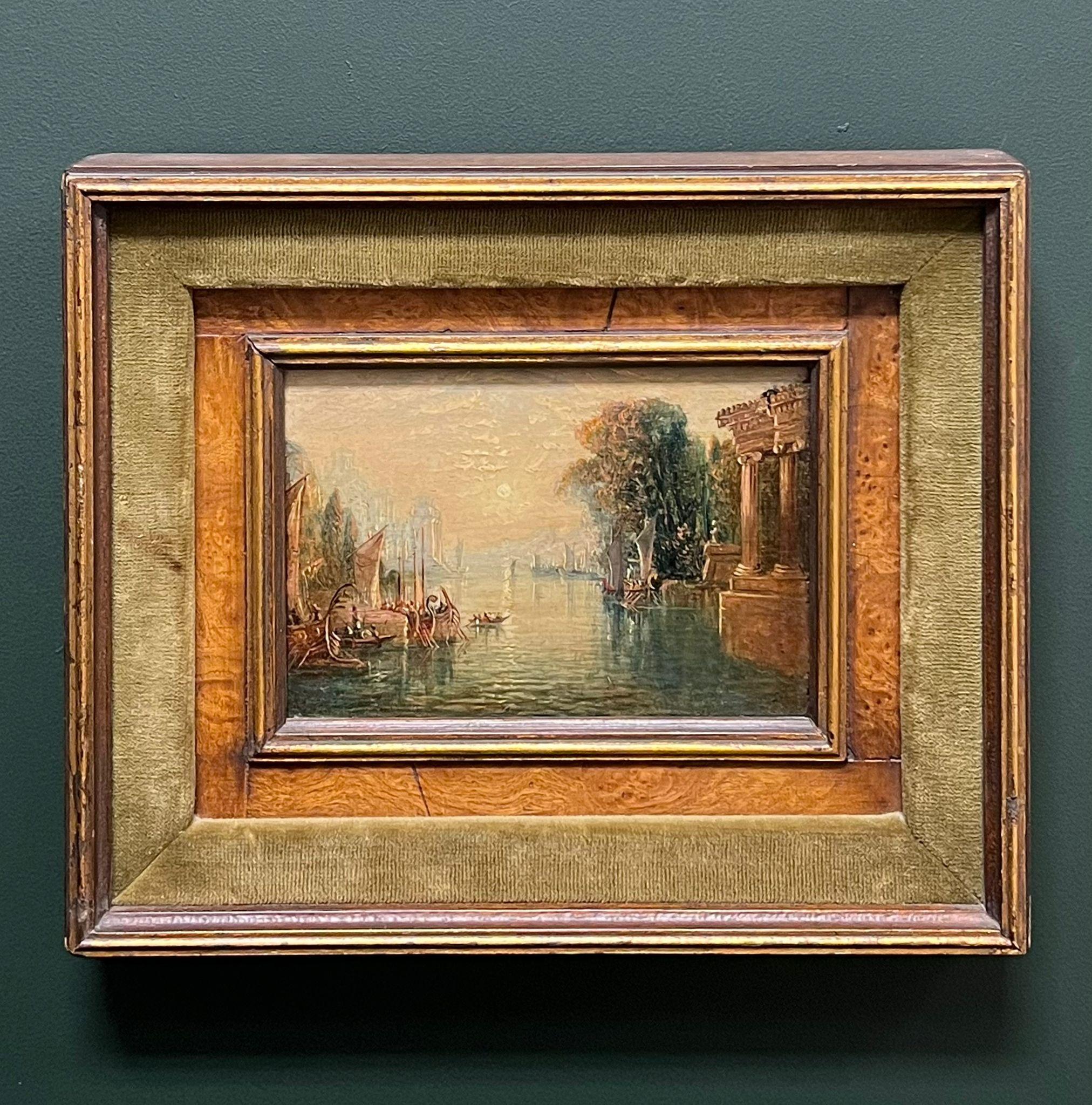 Fine olio classico italiano del primo Ottocento Capriccio paesaggio lacustre vecchie rovine - Painting di circle of JMW Turner