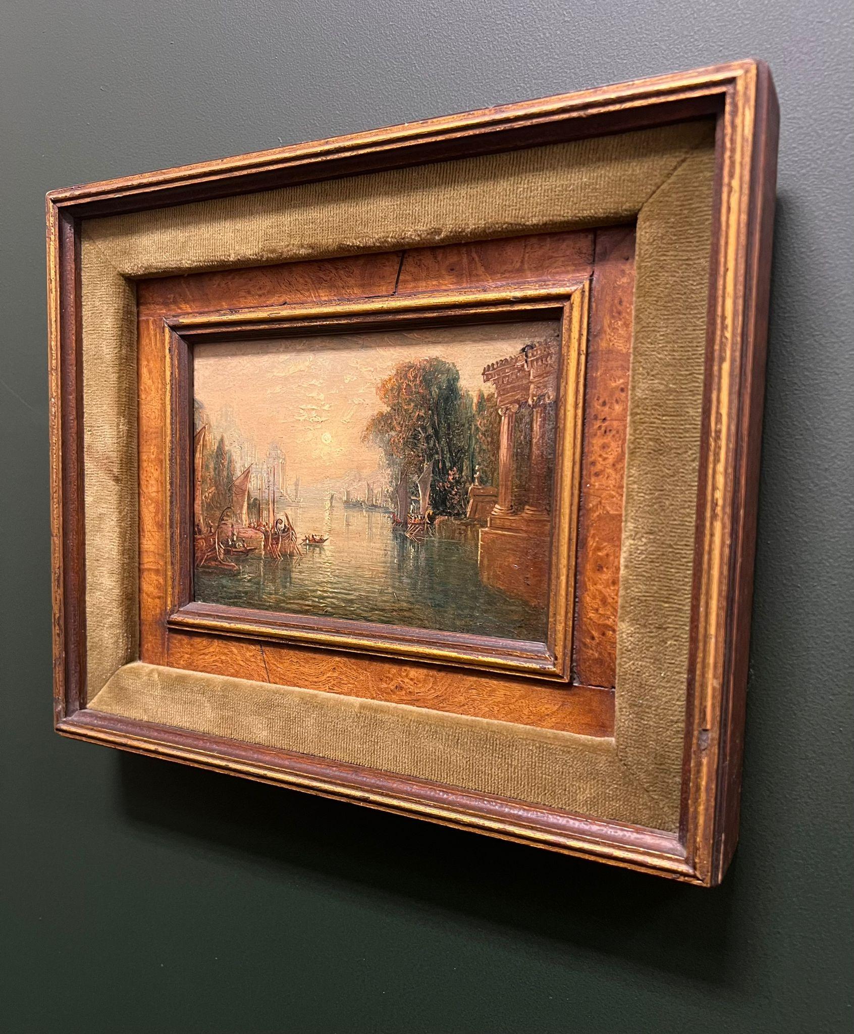 Fine olio classico italiano del primo Ottocento Capriccio paesaggio lacustre vecchie rovine - Painting Antichi maestri di circle of JMW Turner