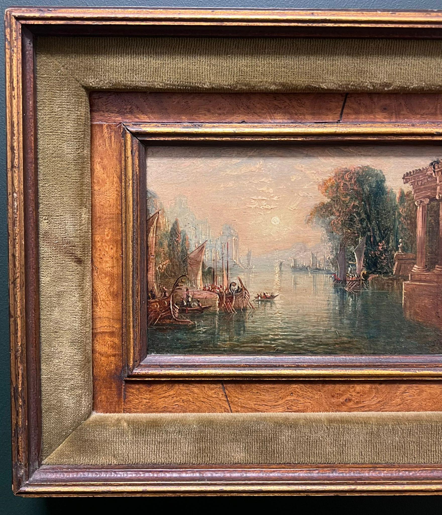 Fine olio classico italiano del primo Ottocento Capriccio paesaggio lacustre vecchie rovine - Landscape Painting Marrone di circle of JMW Turner