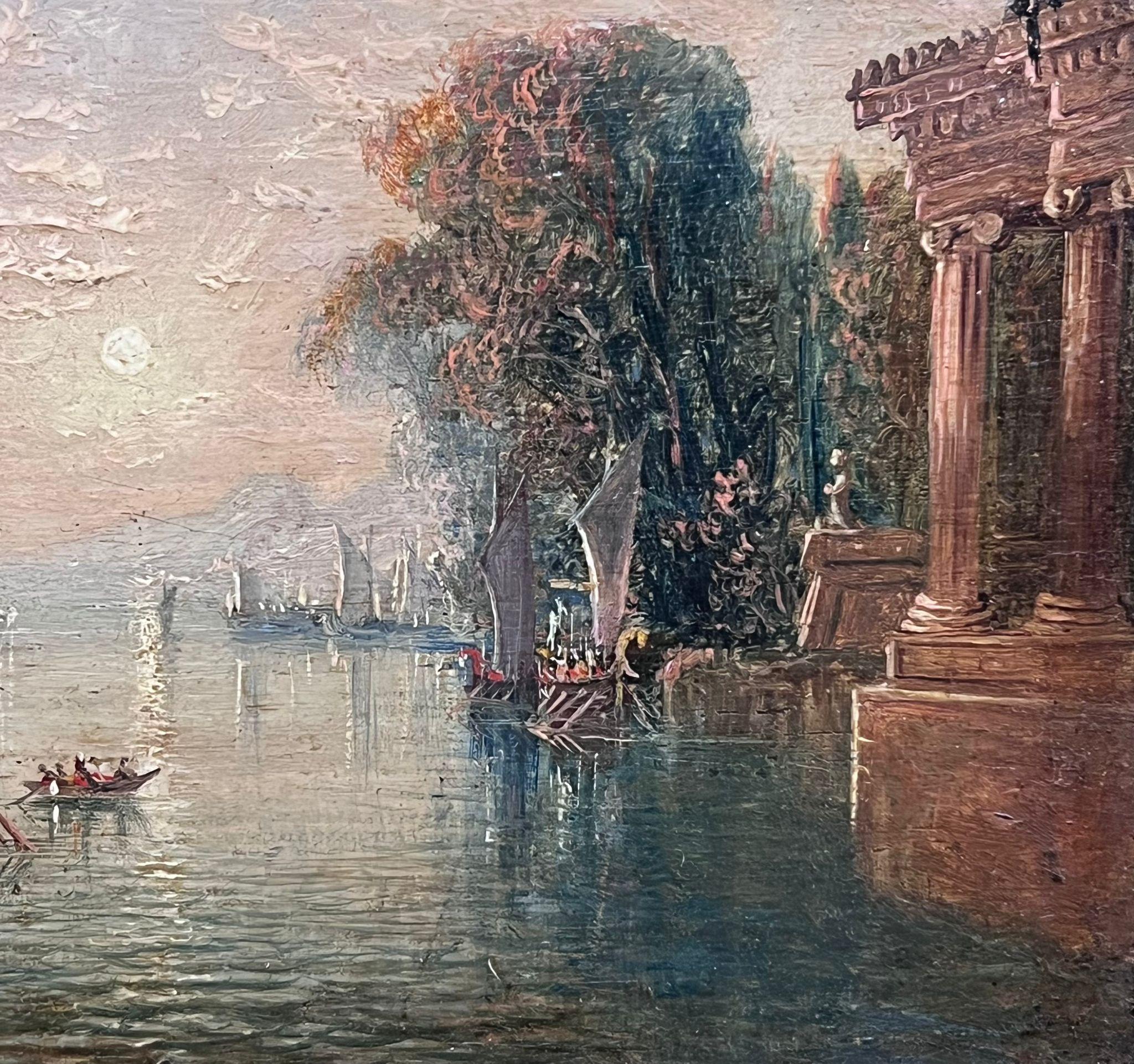 Fine olio classico italiano del primo Ottocento Capriccio paesaggio lacustre vecchie rovine in vendita 1