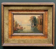Fine Early 19th Century Classical Italian Oil Capriccio Lake Landscape Old Ruins