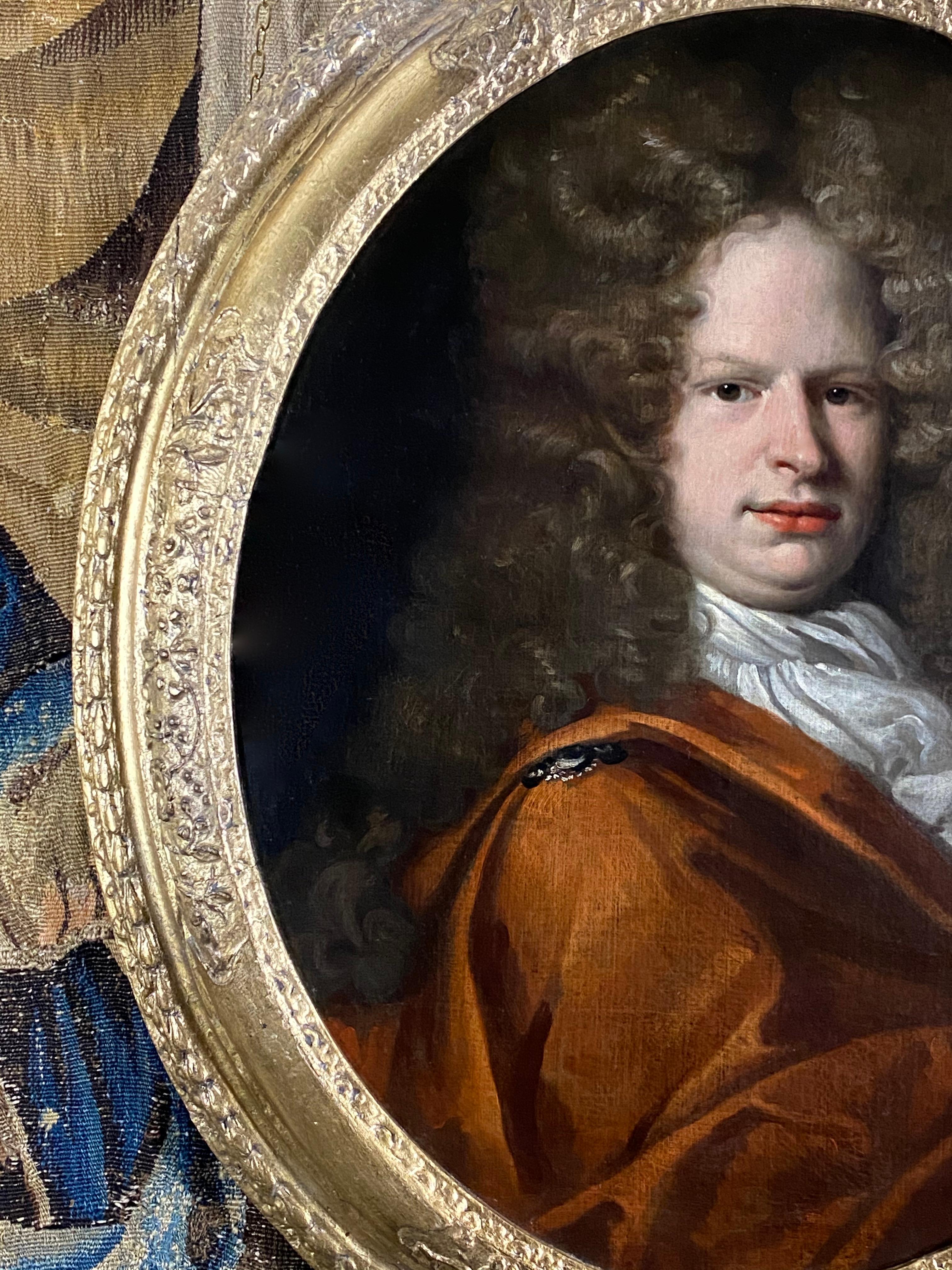 17th Century English Oil Portrait of a Gentleman wearing an Orange Silk Cloak - Painting by circle of John Baptist de Media