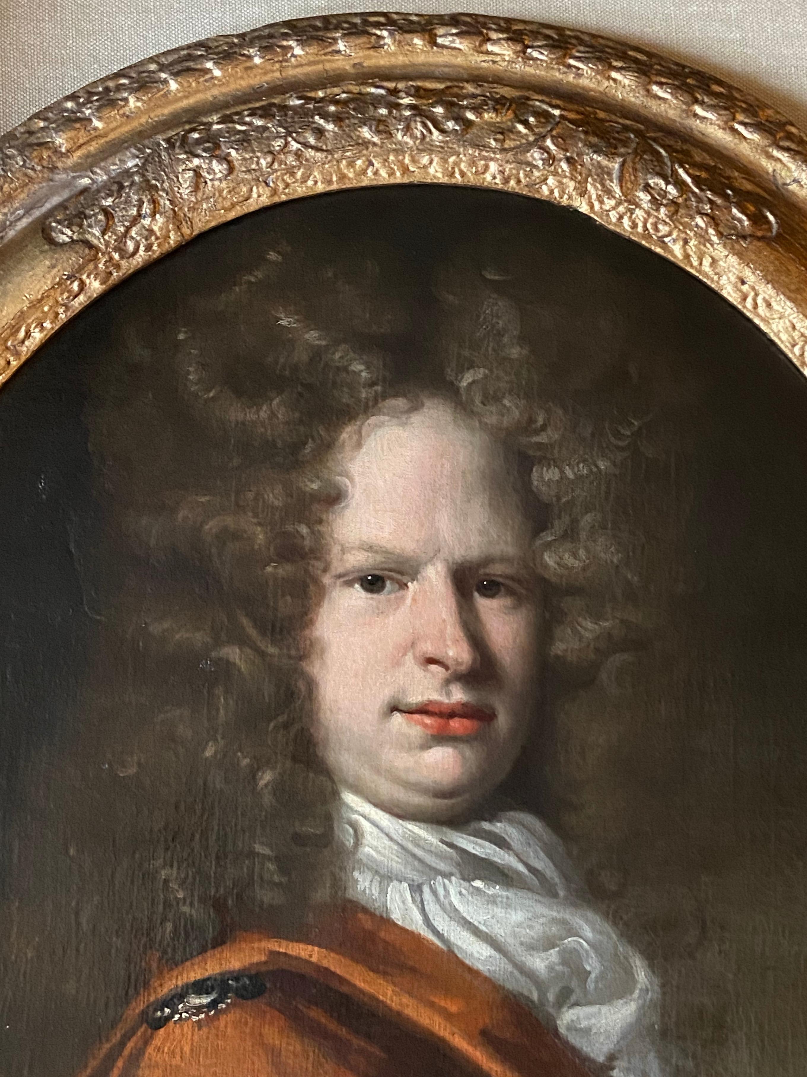 17th Century English Oil Portrait of a Gentleman wearing an Orange Silk Cloak For Sale 1